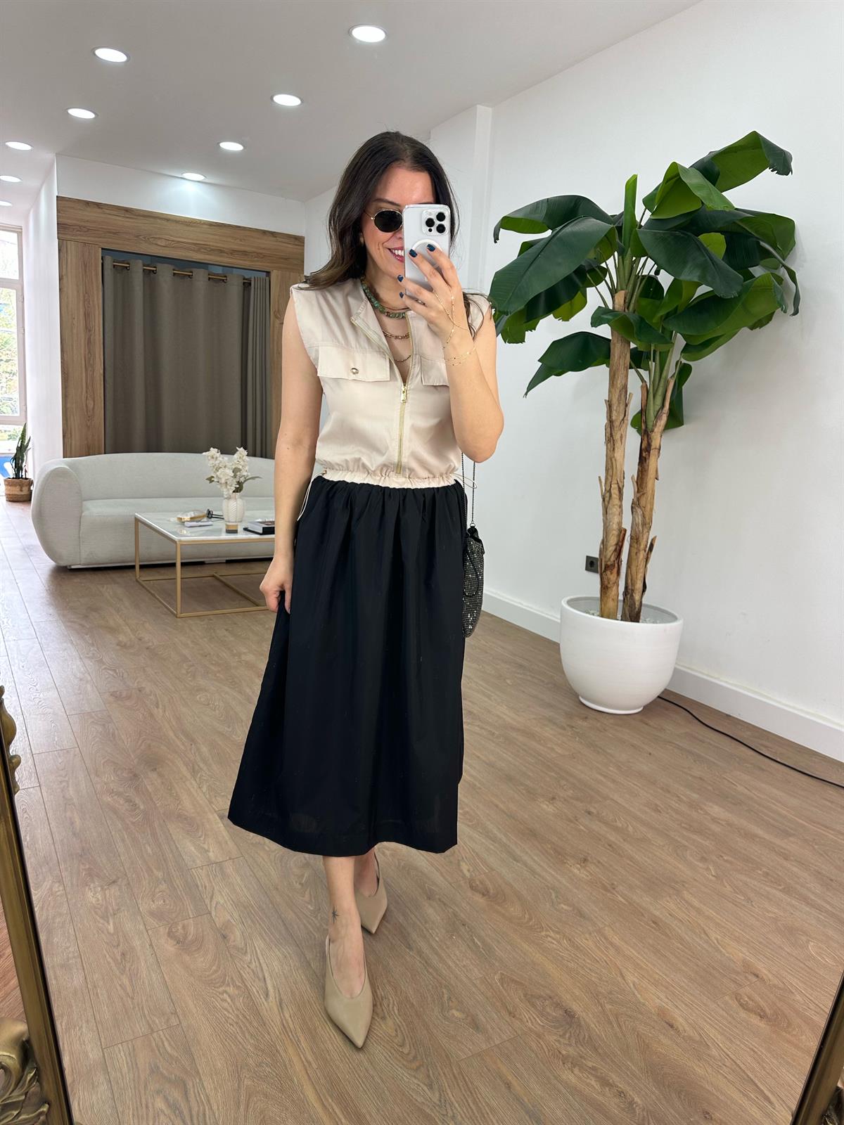 Önü Cep Kapaklı Elbise - Siyah 