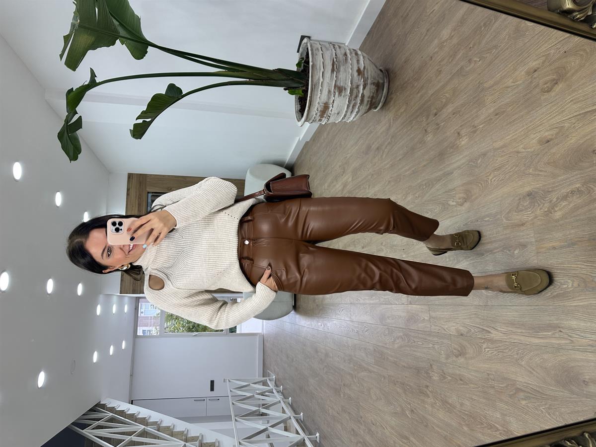 Önü Cepli Deri Pantolon-Camel