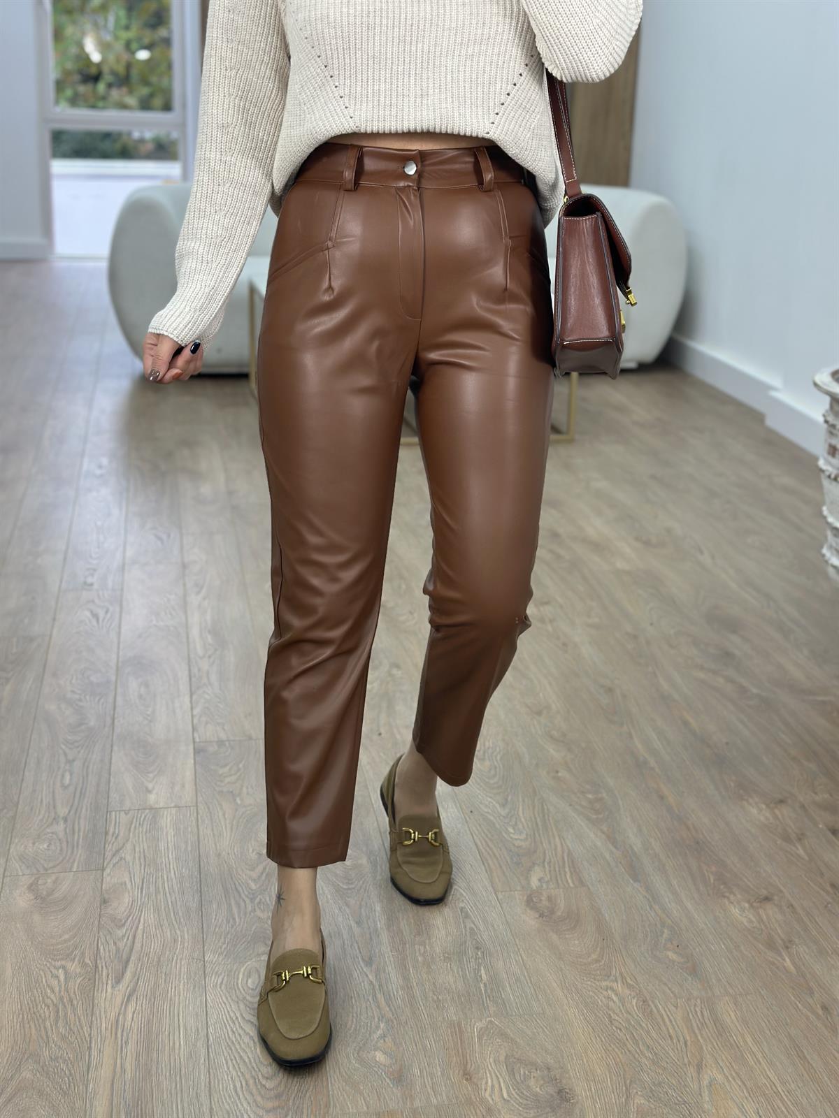 Önü Cepli Deri Pantolon-Camel