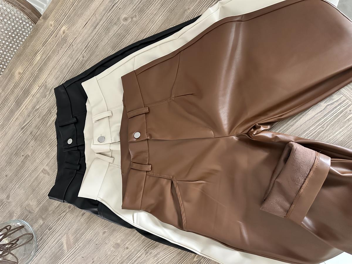 Önü Cepli Deri Pantolon-Camel