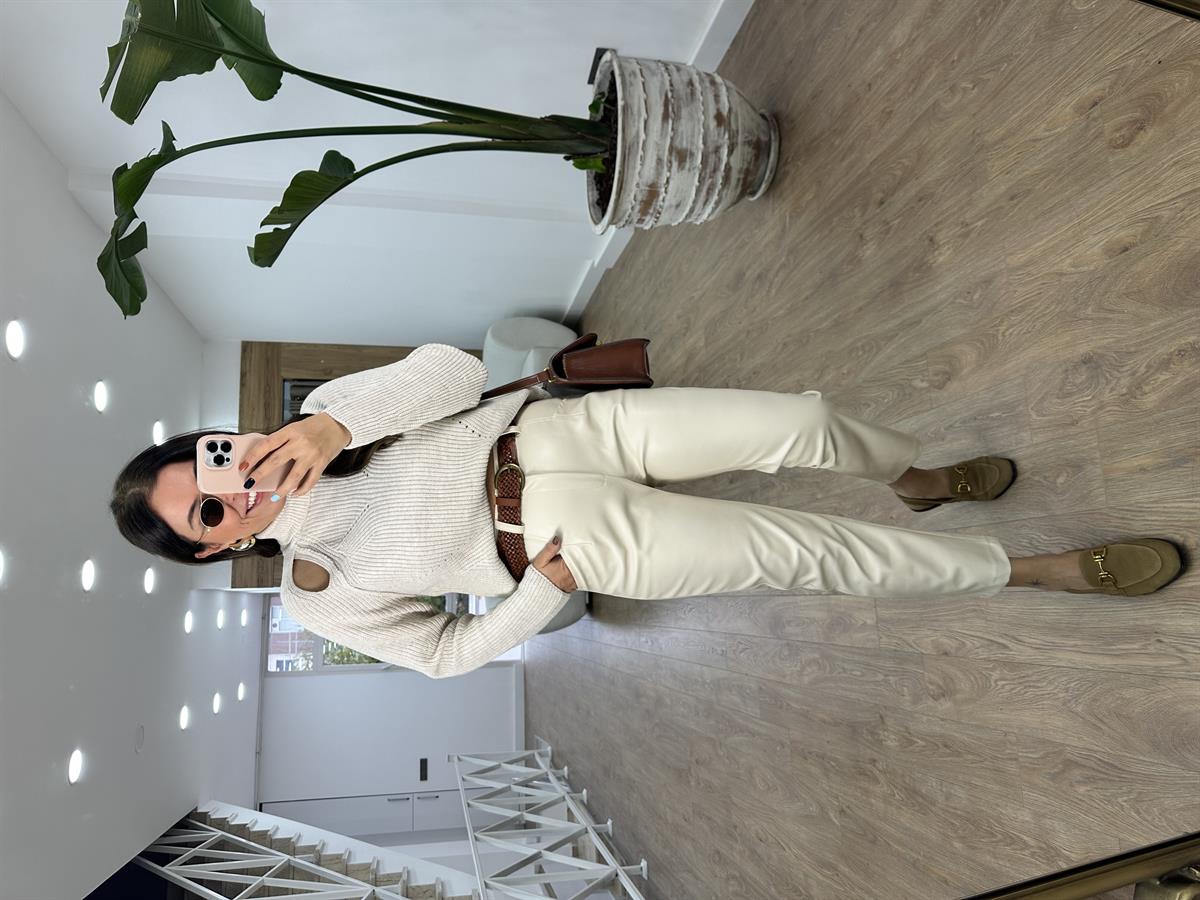 Önü Cepli Deri Pantolon-Taş