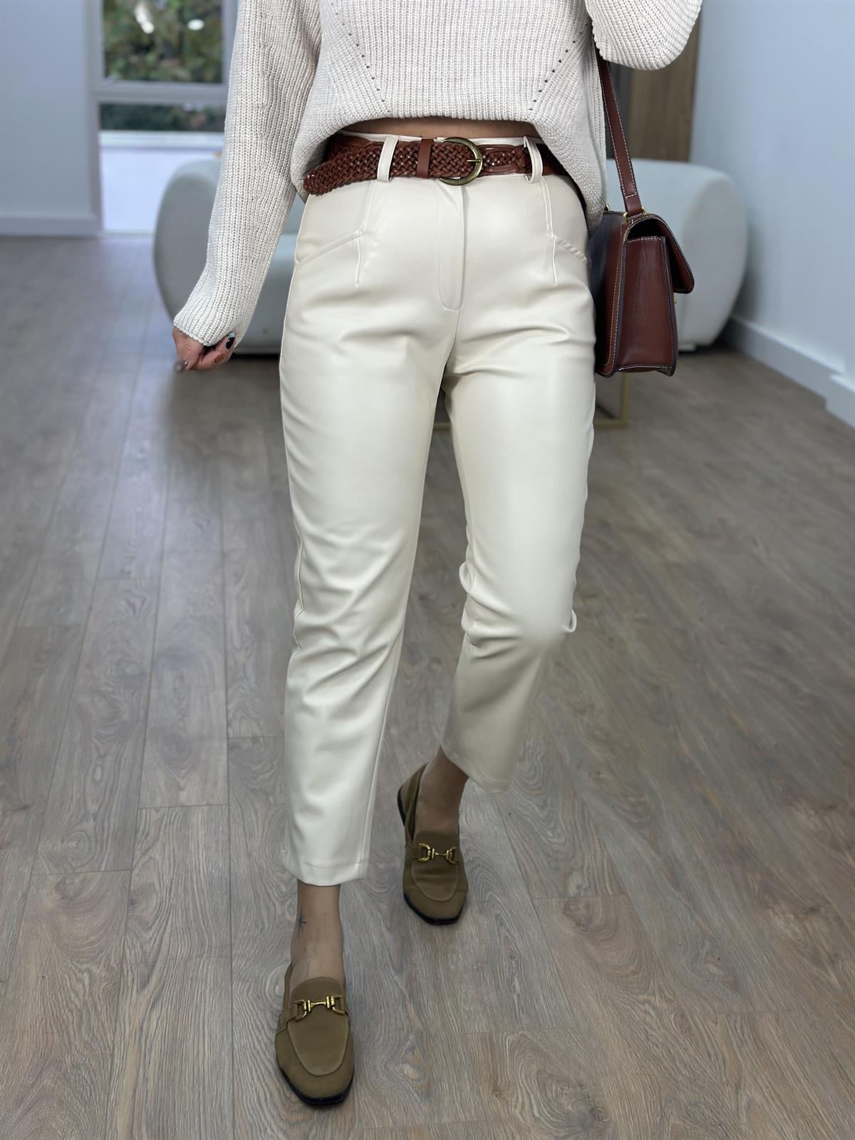 Önü Cepli Deri Pantolon-Taş