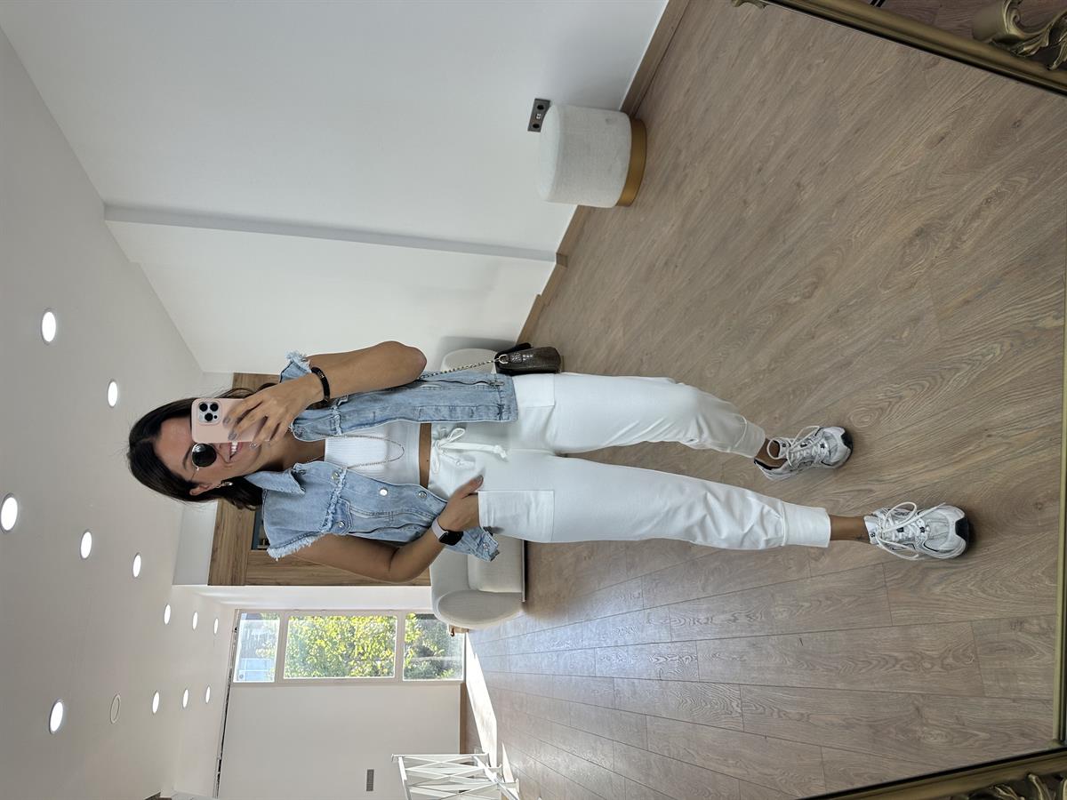 Önü Cepli Paçası Kalın Lastikli Pantolon -Beyaz