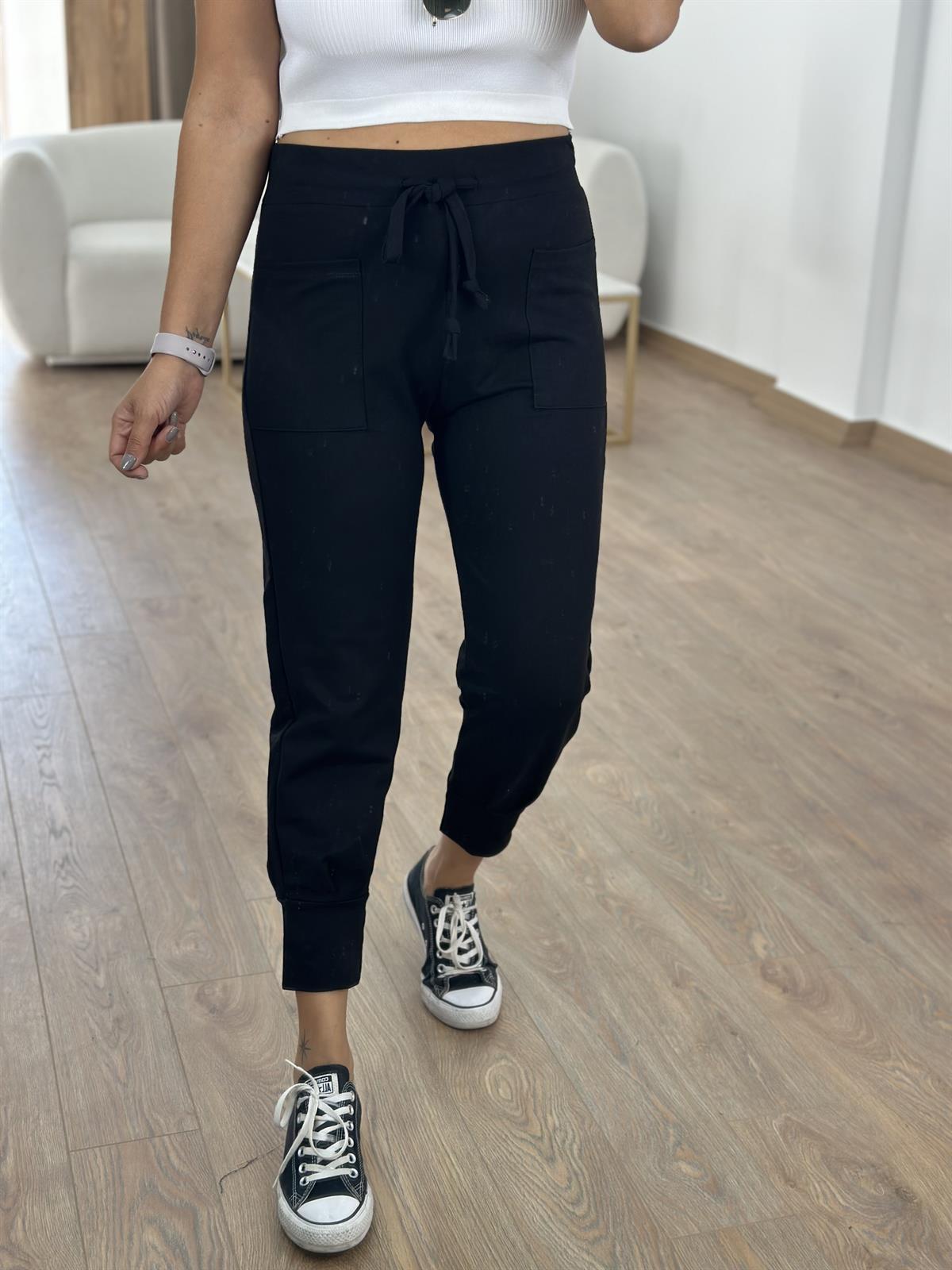 Önü Cepli Paçası Kalın Lastikli Pantolon -Siyah