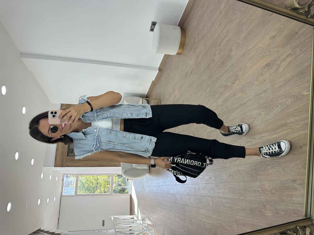 Önü Cepli Paçası Kalın Lastikli Pantolon -Siyah