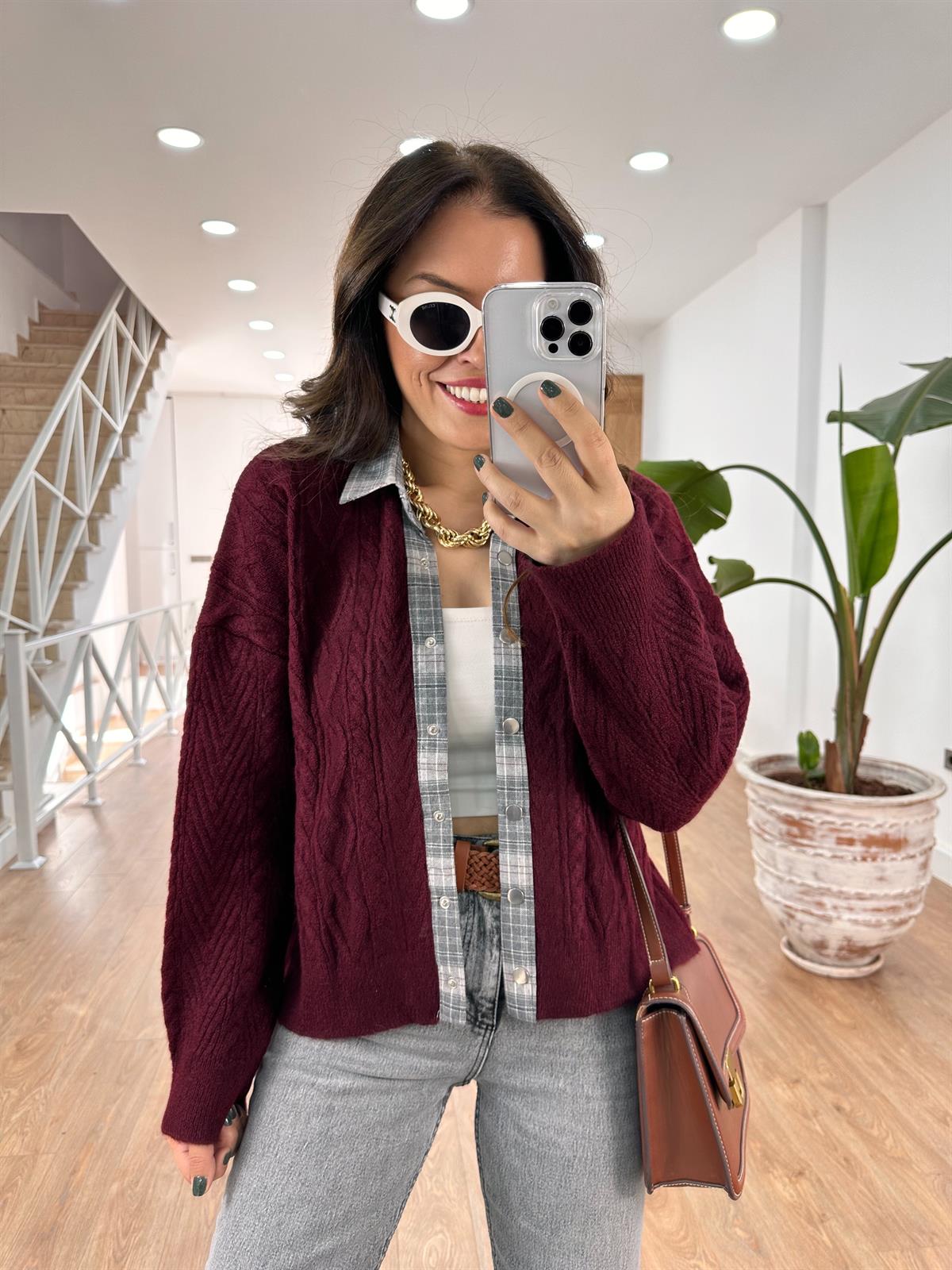 Önü Çıt Çıtlı Gömlek Yaka Triko Hırka - Bordo