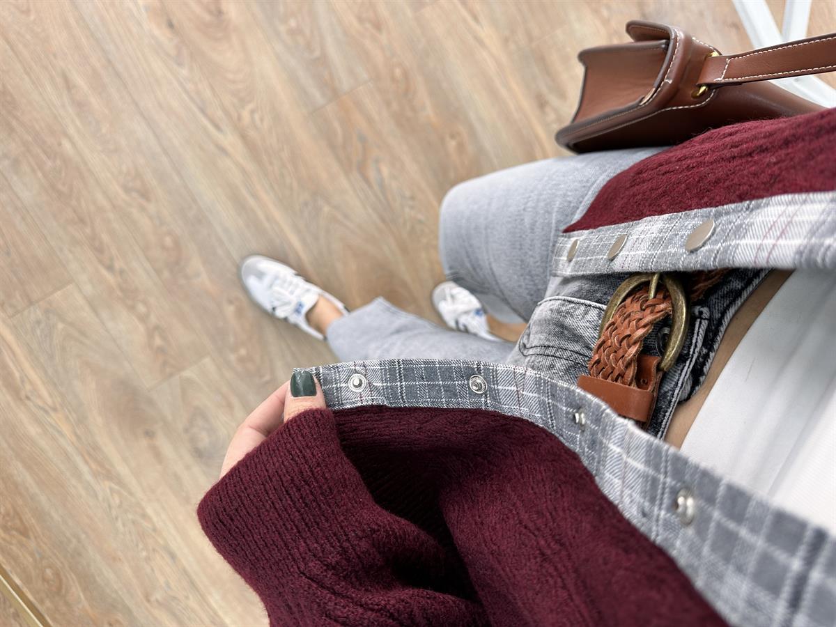 Önü Çıt Çıtlı Gömlek Yaka Triko Hırka - Bordo