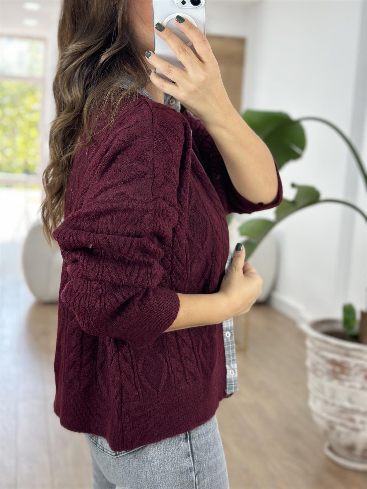 Önü Çıt Çıtlı Gömlek Yaka Triko Hırka - Bordo