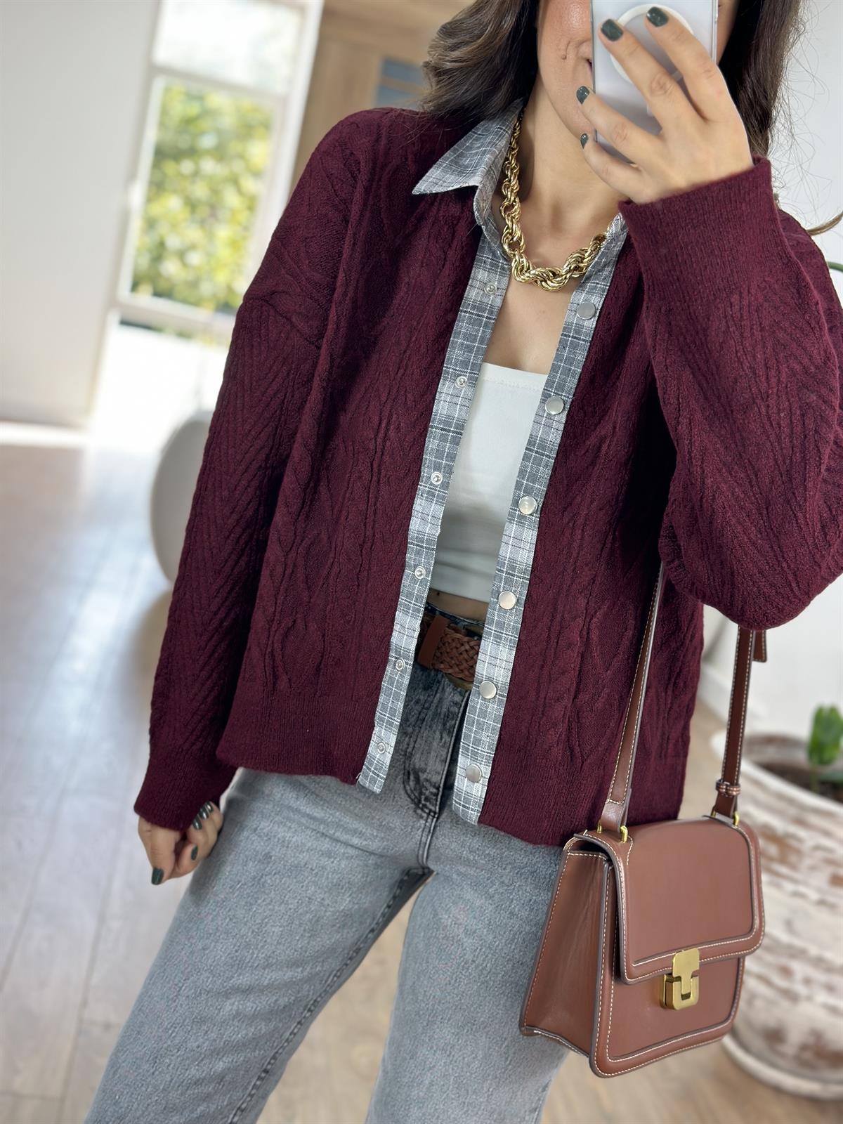 Önü Çıt Çıtlı Gömlek Yaka Triko Hırka - Bordo