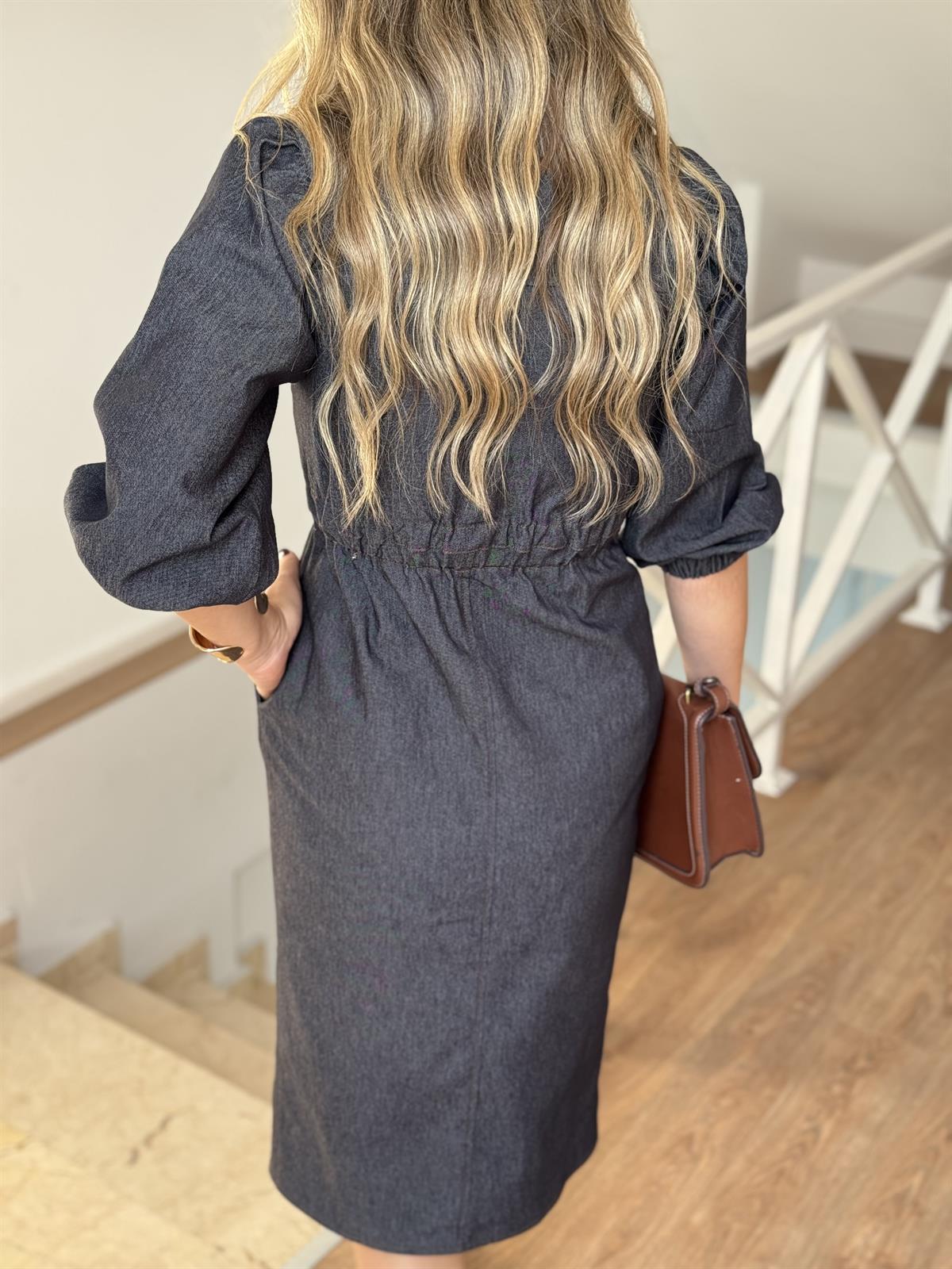 Önü Çıtçıtlı Tensel Denim Elbise-Antrasit