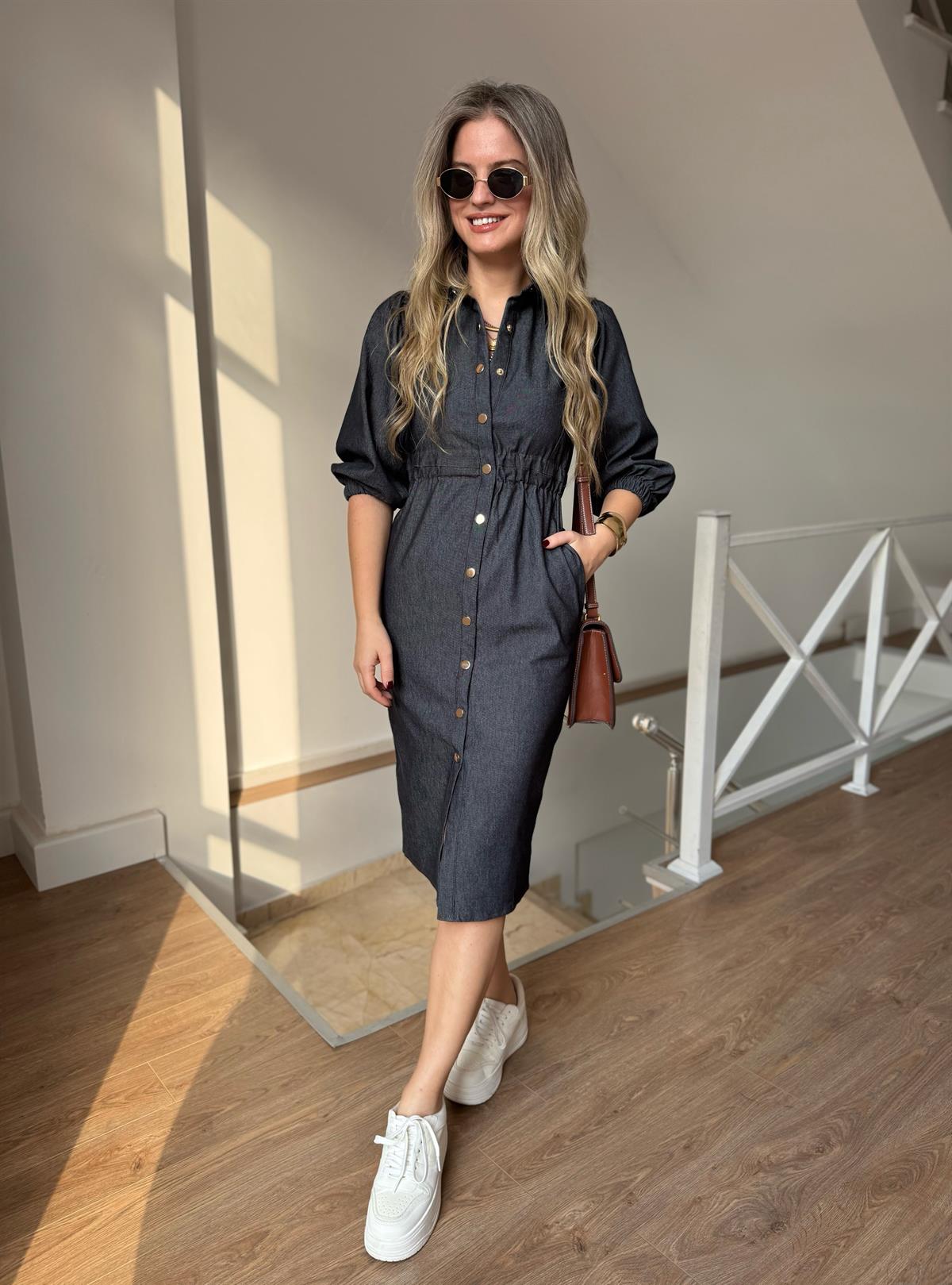 Önü Çıtçıtlı Tensel Denim Elbise-Antrasit