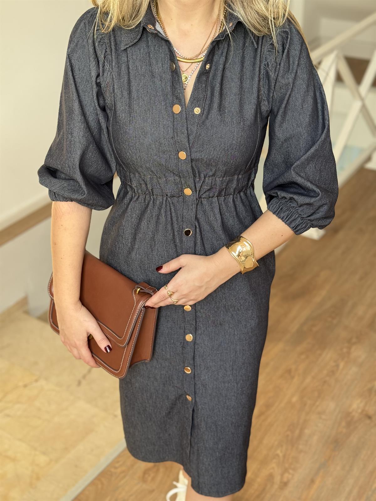 Önü Çıtçıtlı Tensel Denim Elbise-Antrasit