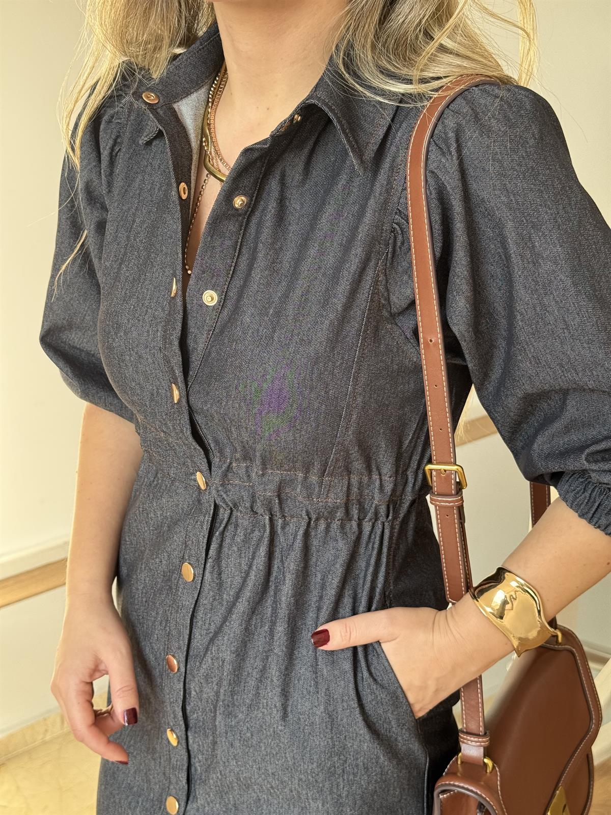 Önü Çıtçıtlı Tensel Denim Elbise-Antrasit