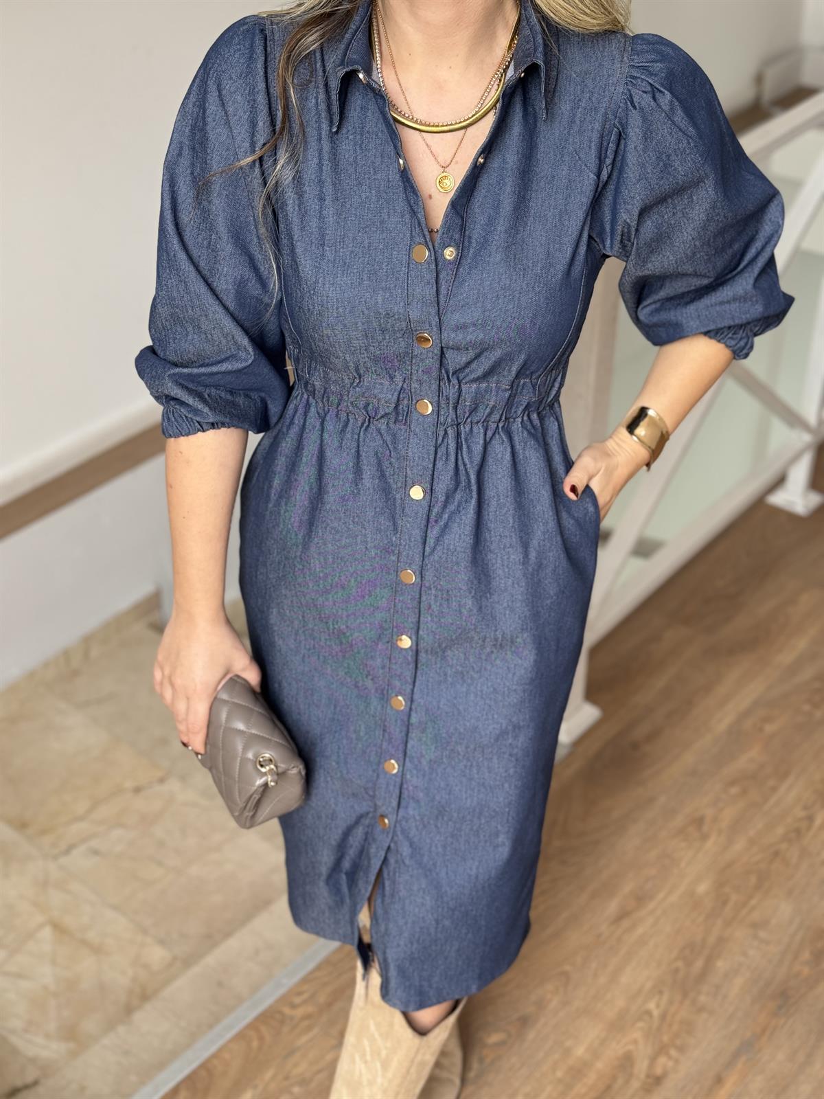 Önü Çıtçıtlı Tensel Denim Elbise-Mavi 