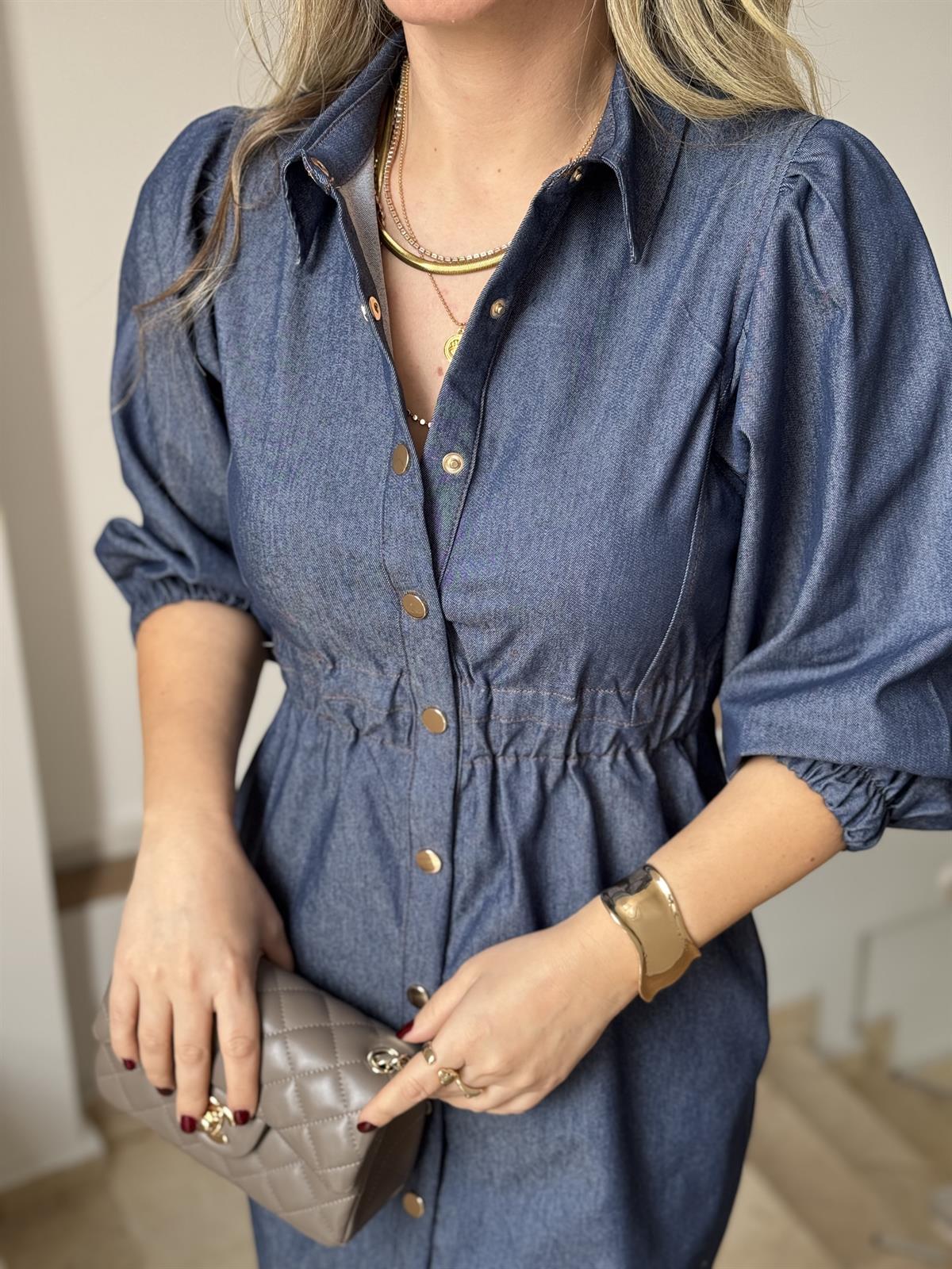 Önü Çıtçıtlı Tensel Denim Elbise-Mavi 