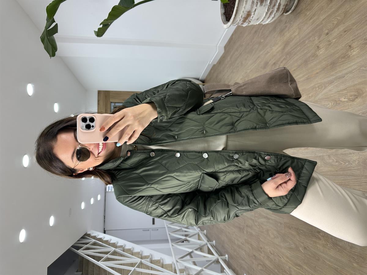 Önü Düğmeli Kapitone Mont-Haki