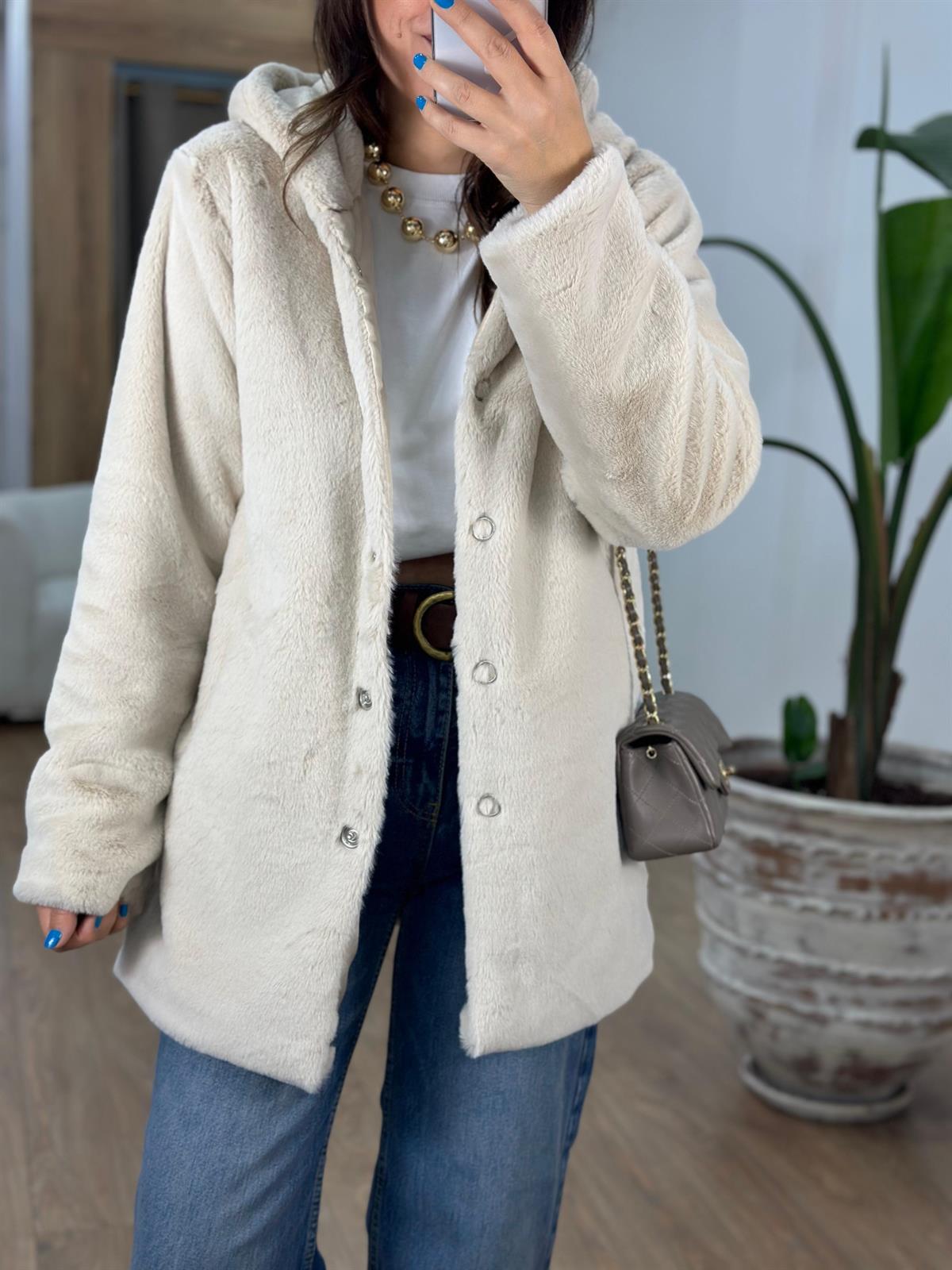 Önü Çıtçıtlı Kapüşonlu Peluş Kürk-Taş