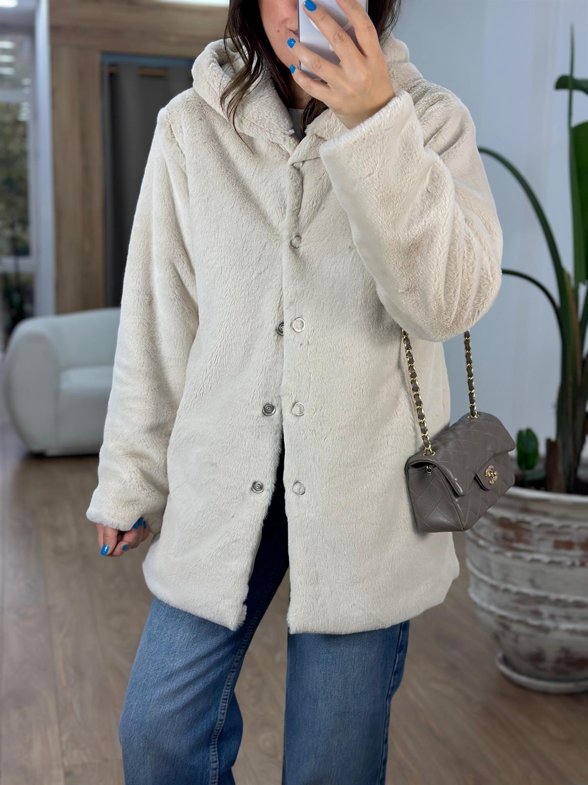 Önü Çıtçıtlı Kapüşonlu Peluş Kürk-Taş