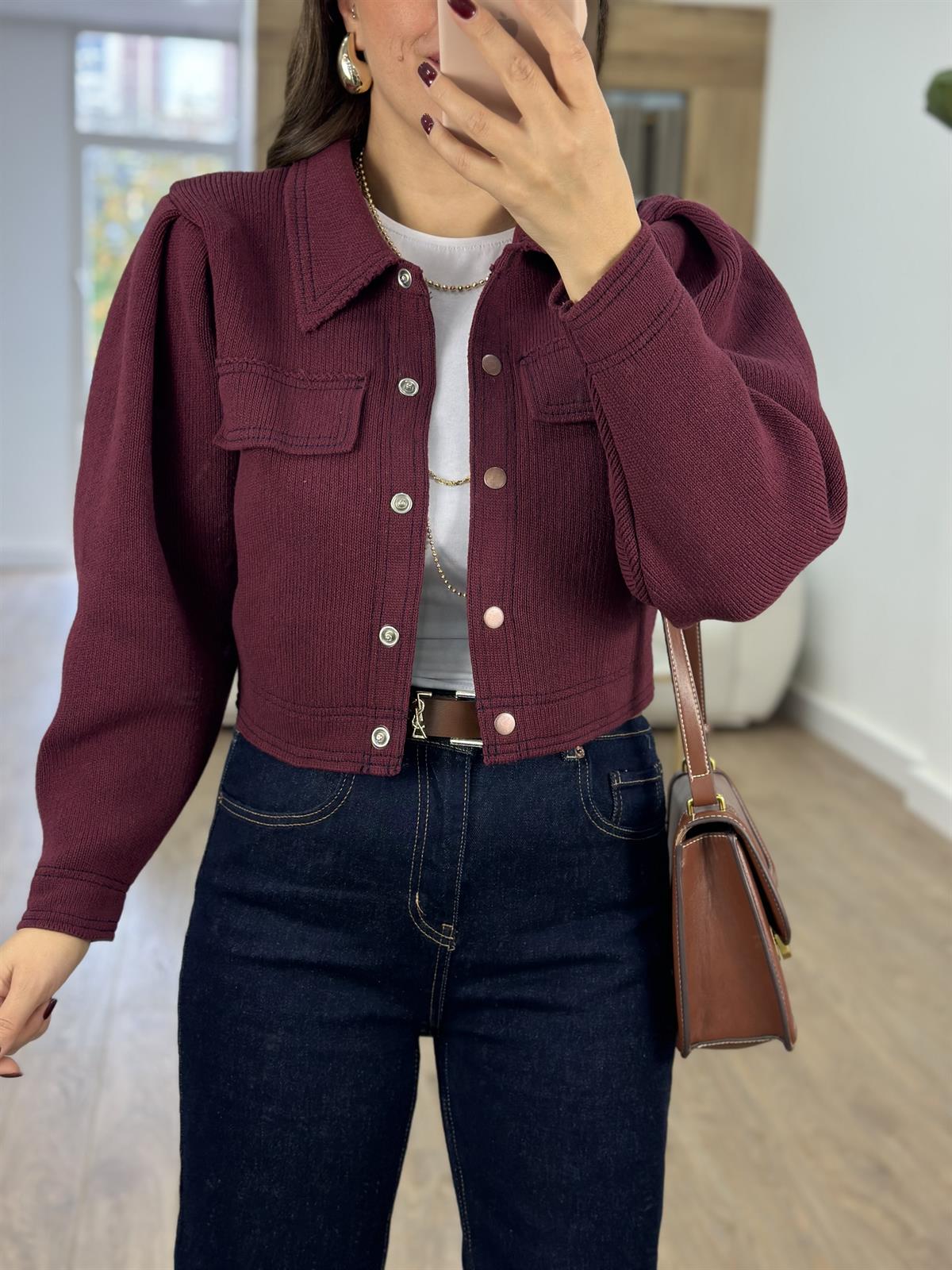 Önü Çıtçıtlı Premium Triko Ceket-Bordo