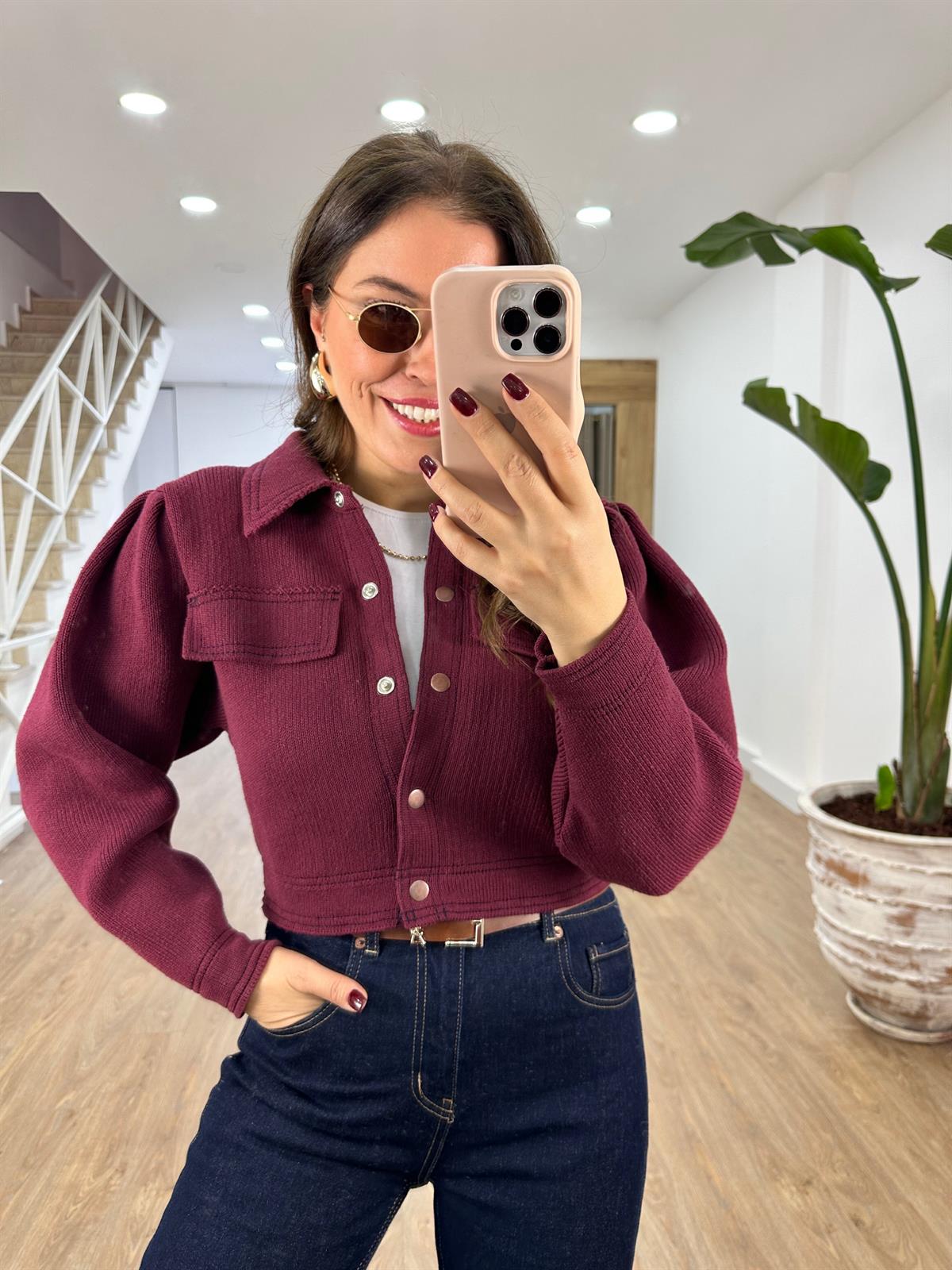 Önü Çıtçıtlı Premium Triko Ceket-Bordo