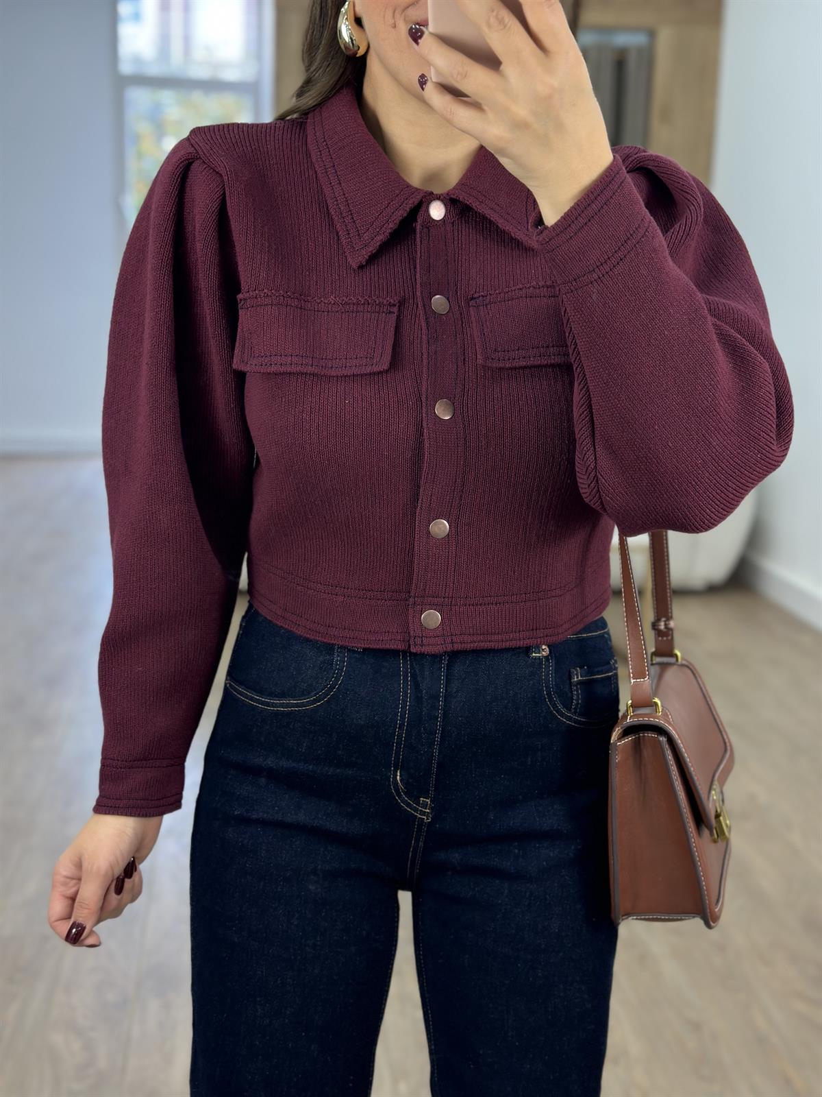 Önü Çıtçıtlı Premium Triko Ceket-Bordo