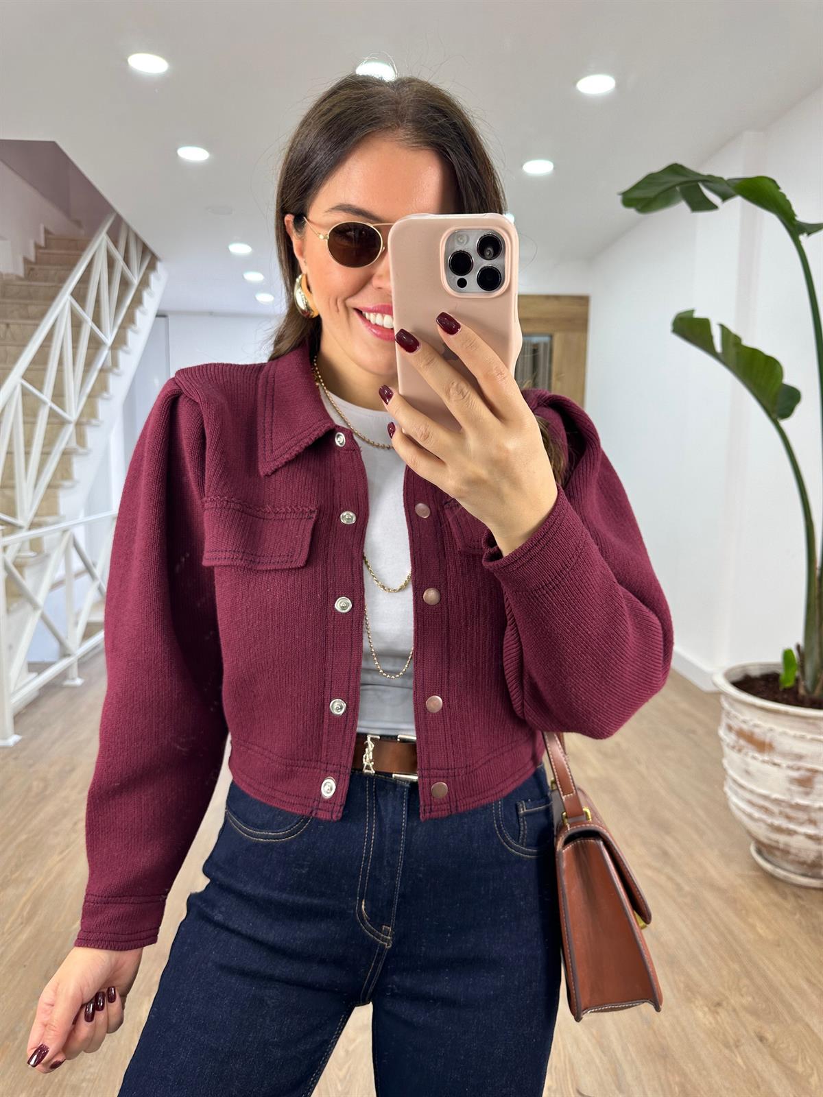 Önü Çıtçıtlı Premium Triko Ceket-Bordo