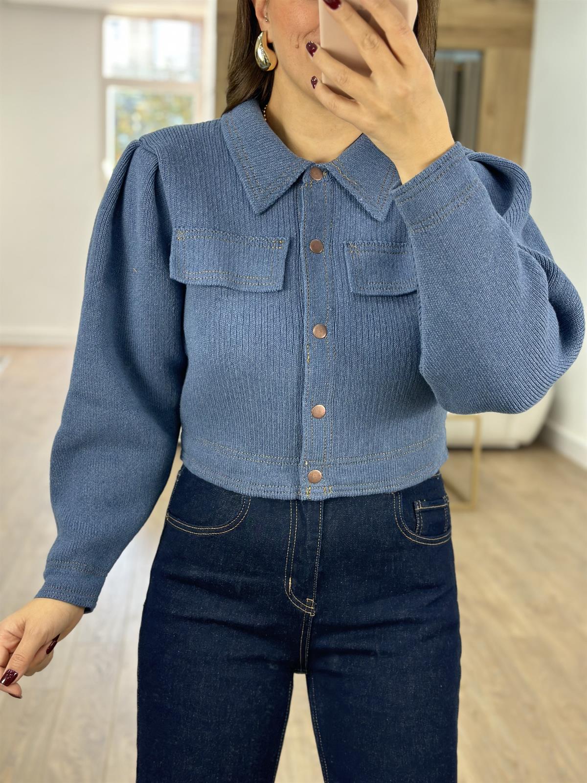 Önü Çıtçıtlı Premium Triko Ceket-İndigo