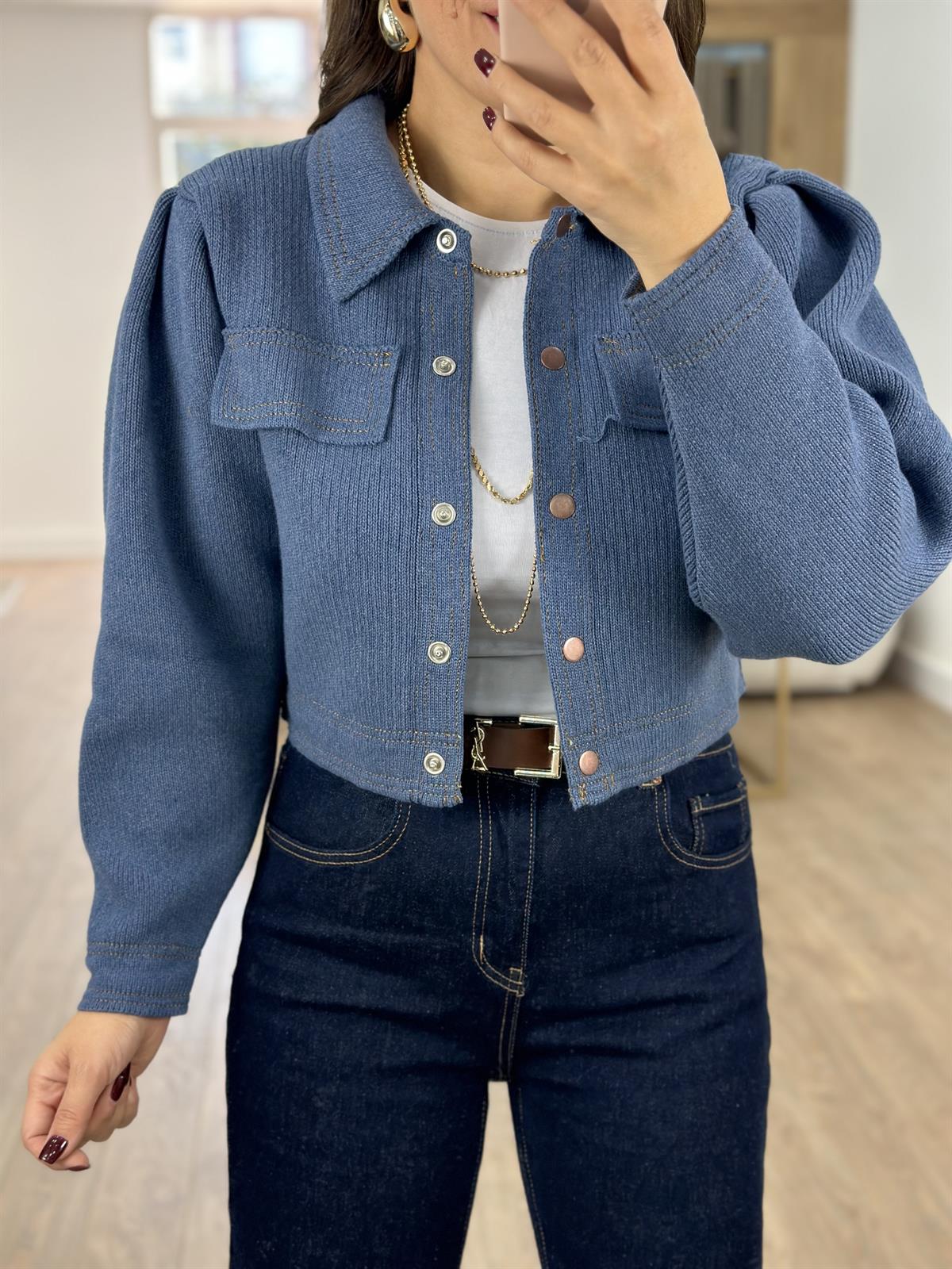 Önü Çıtçıtlı Premium Triko Ceket-İndigo