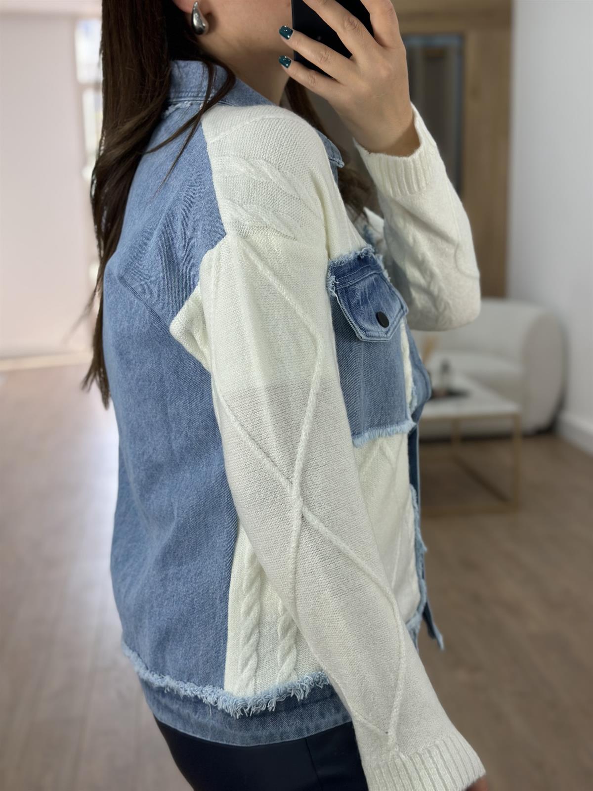 Önü Çıtçıtlı Triko Garnili Denim Ceket