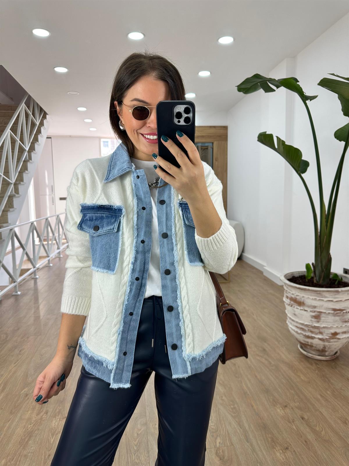 Önü Çıtçıtlı Triko Garnili Denim Ceket