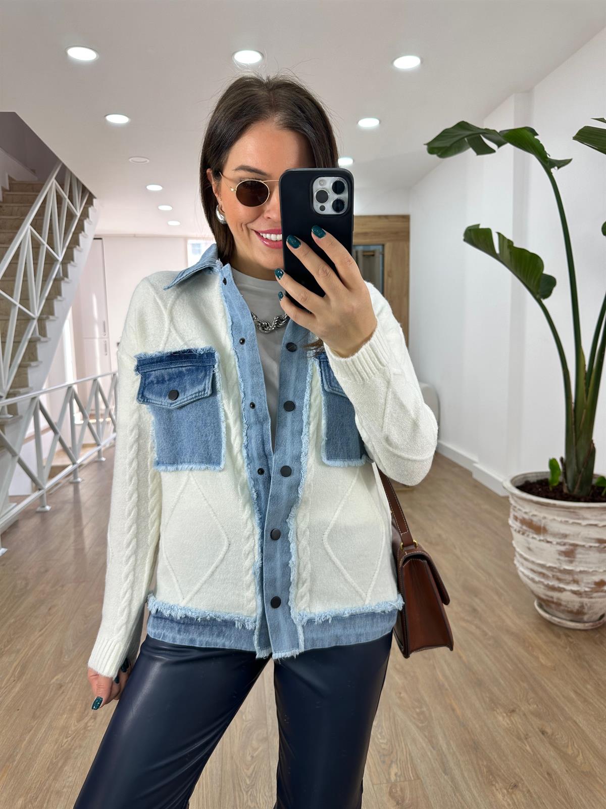 Önü Çıtçıtlı Triko Garnili Denim Ceket