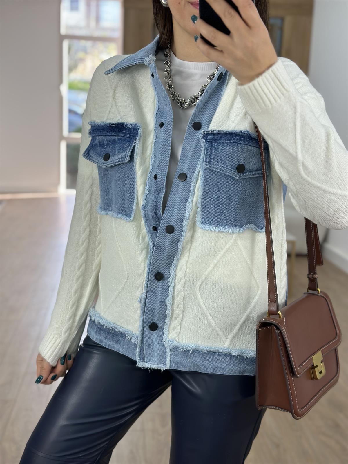 Önü Çıtçıtlı Triko Garnili Denim Ceket