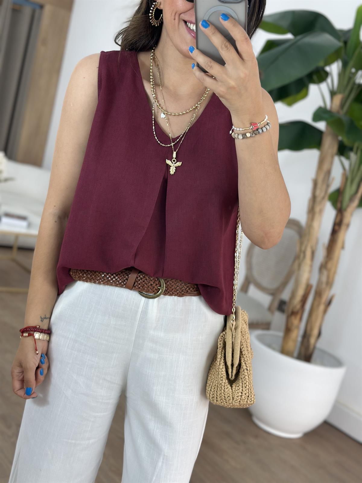 Önü Dikiş Detaylı Keten Bluz - Bordo