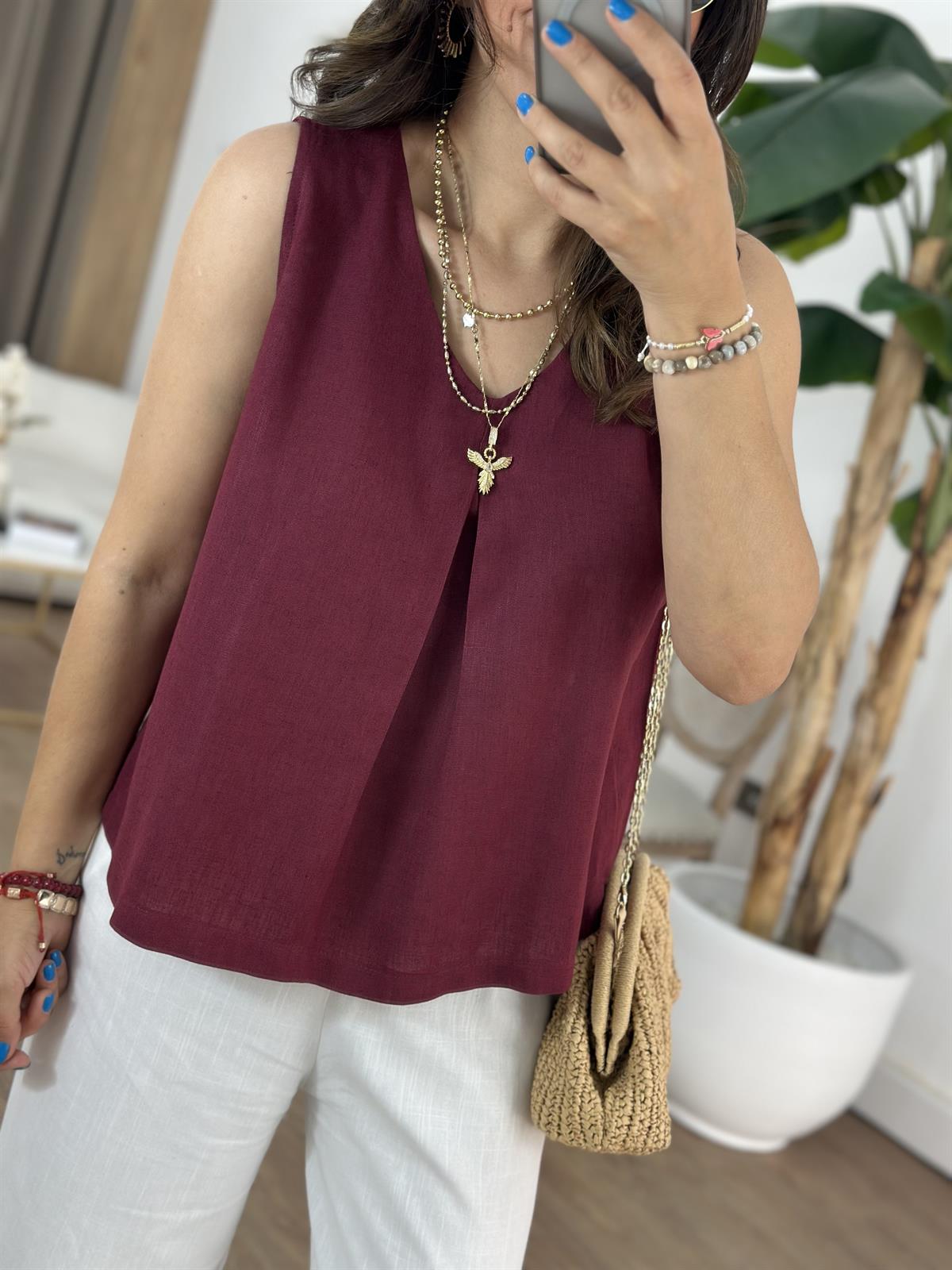 Önü Dikiş Detaylı Keten Bluz - Bordo