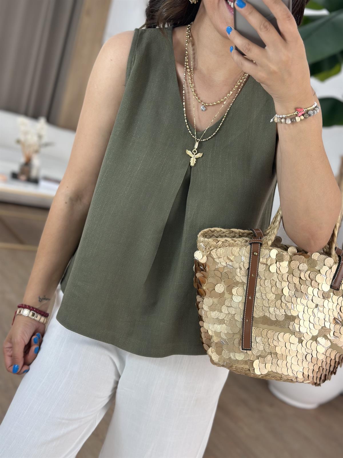 Önü Dikiş Detaylı Keten Bluz - Haki