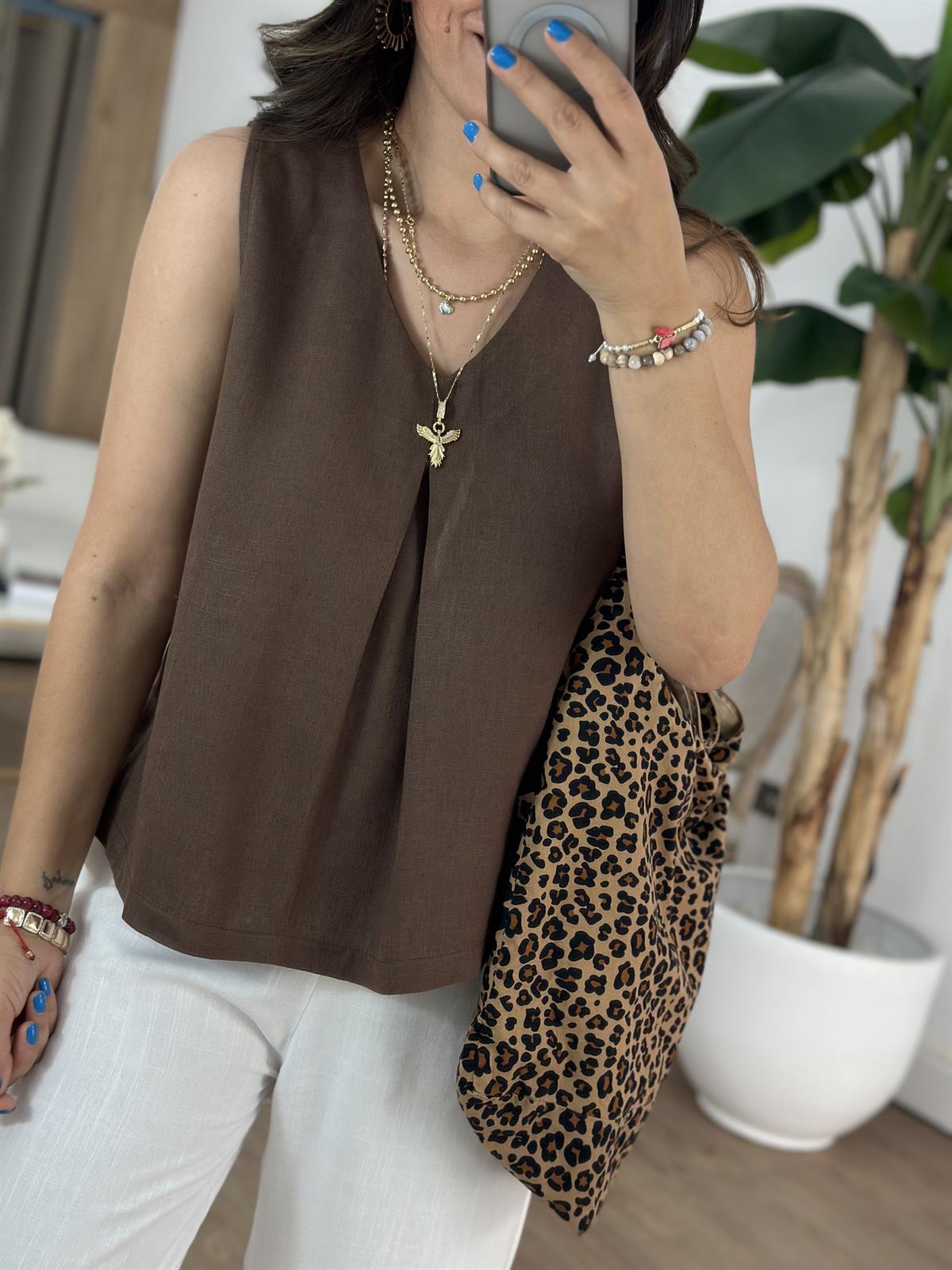 Önü Dikiş Detaylı Keten Bluz - Kahverengi