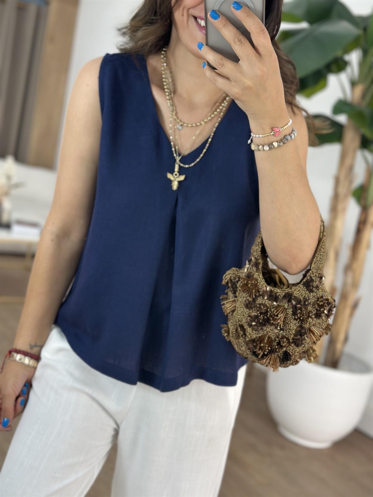 Önü Dikiş Detaylı Keten Bluz - Lacivert