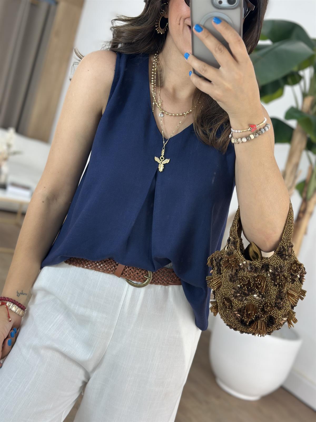 Önü Dikiş Detaylı Keten Bluz - Lacivert