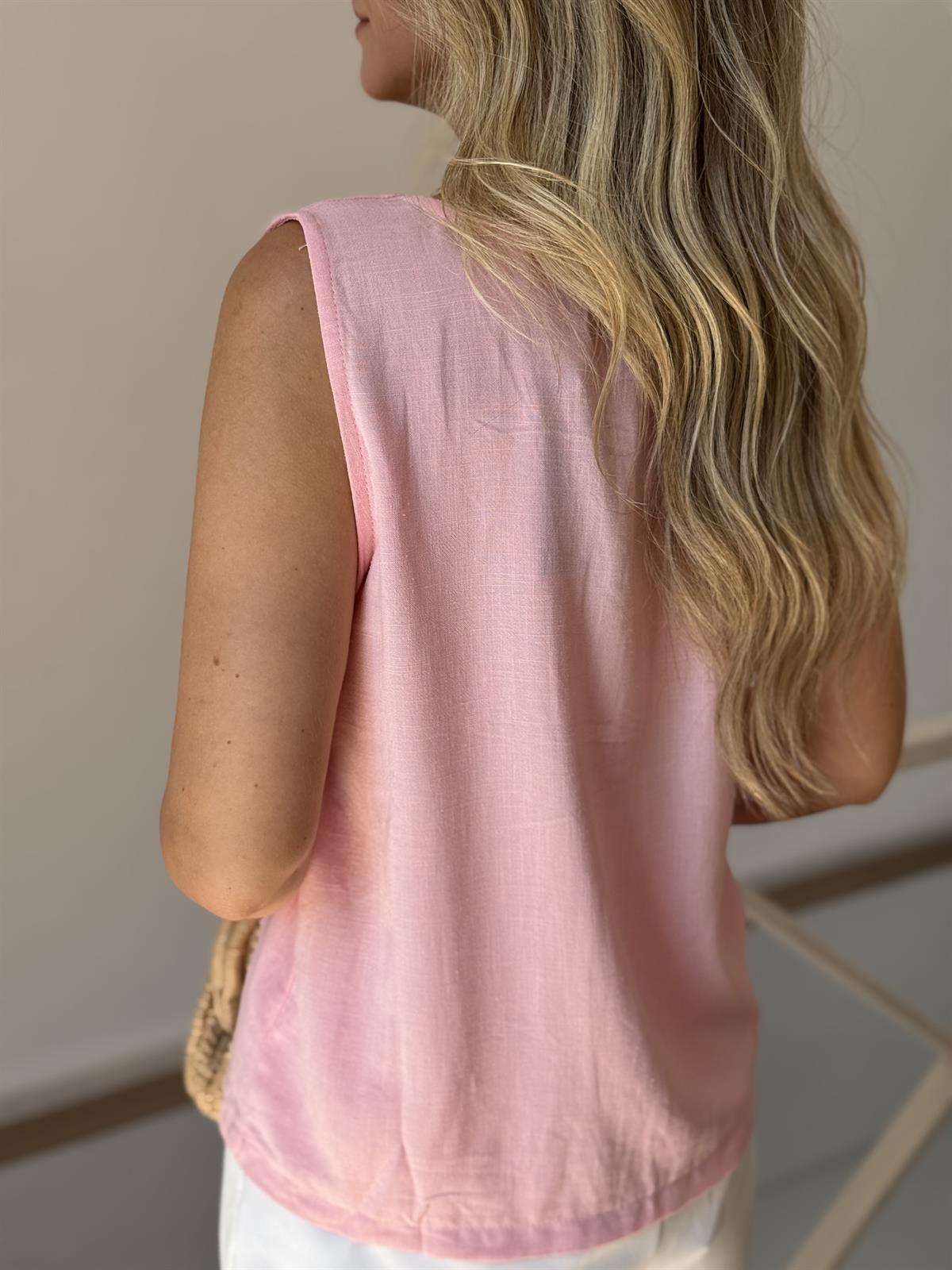 Önü Dikiş Detaylı Keten Bluz - Pembe