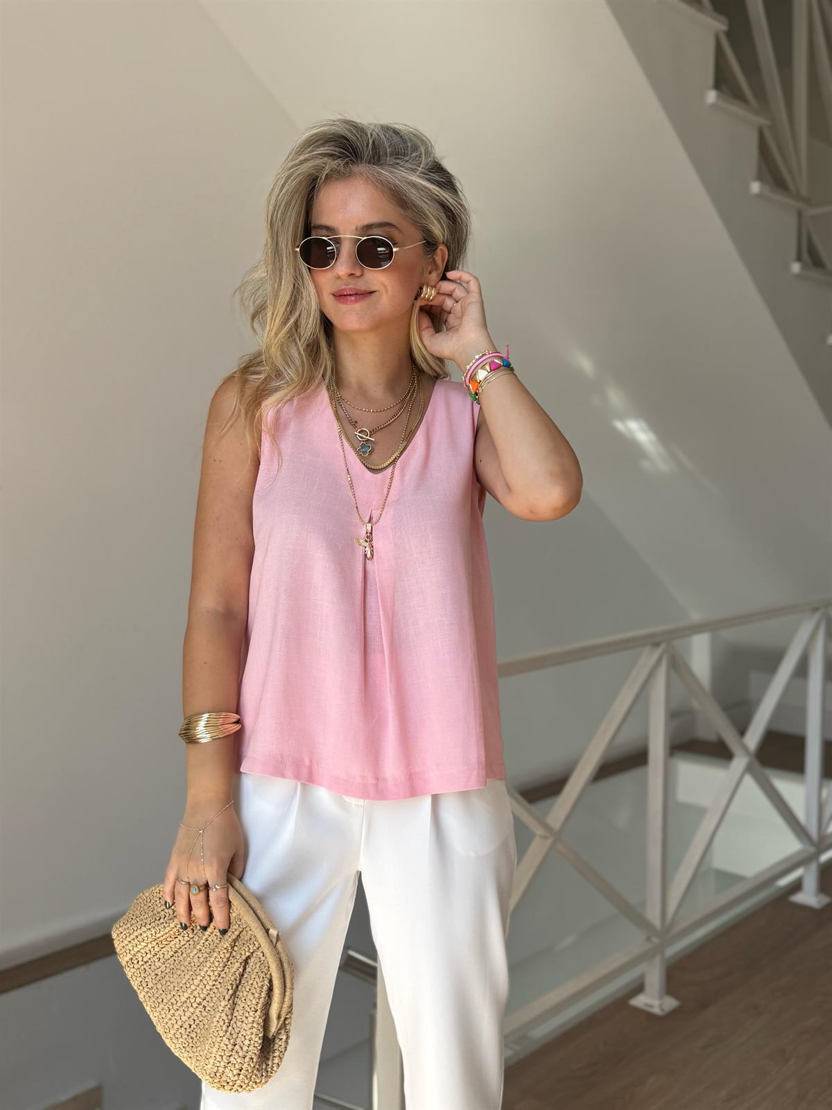 Önü Dikiş Detaylı Keten Bluz - Pembe