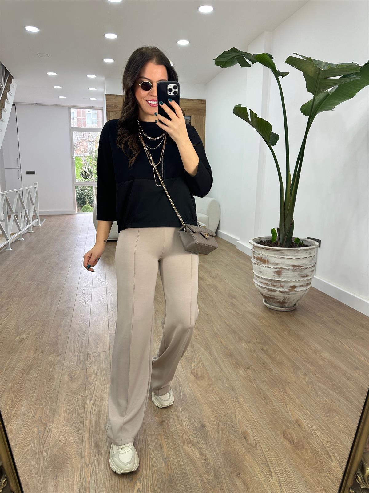 Önü Dikişli Modal Pantolon-Taş