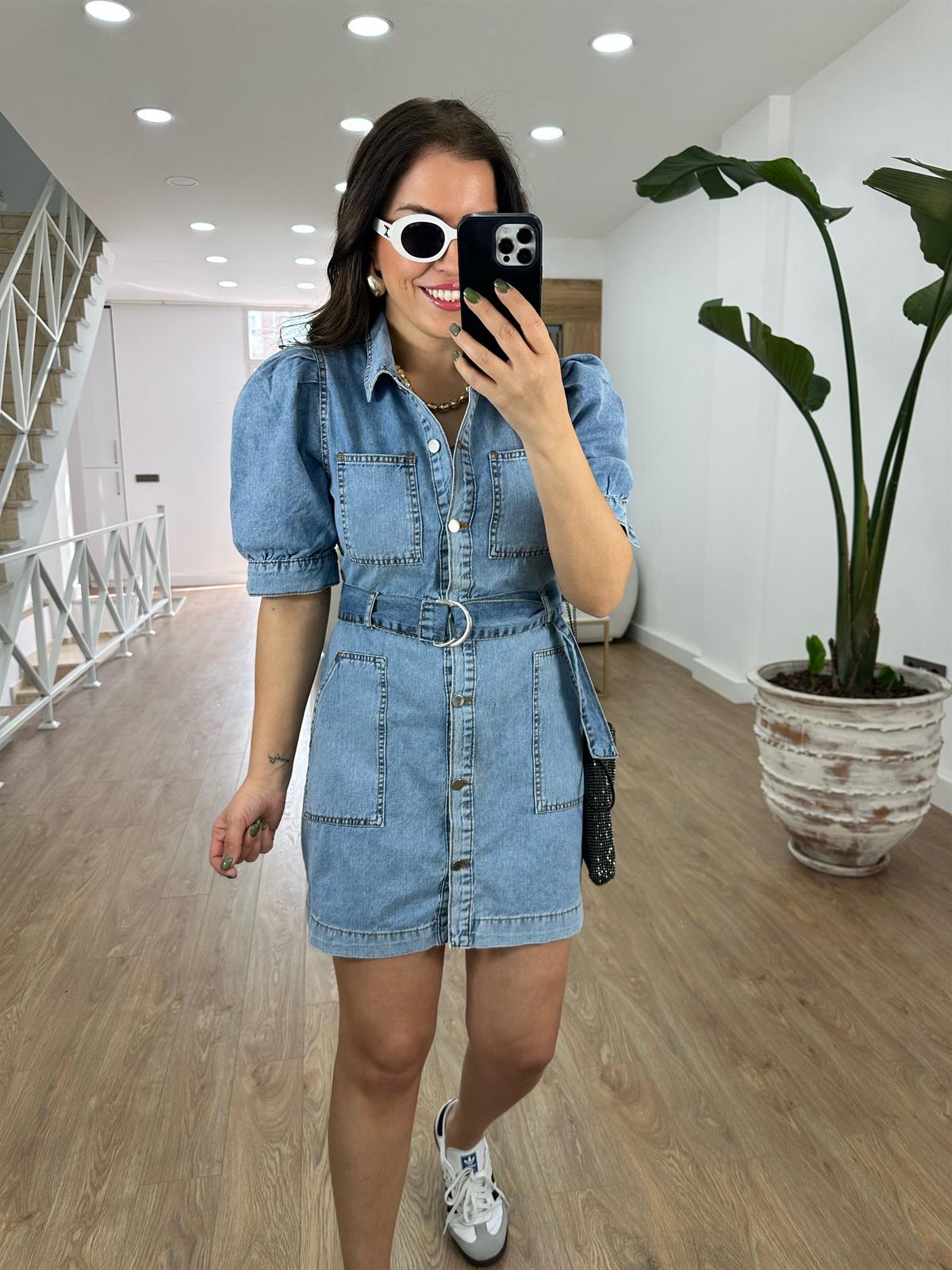 Önü Düğmeli Balon Kol Denim Elbise