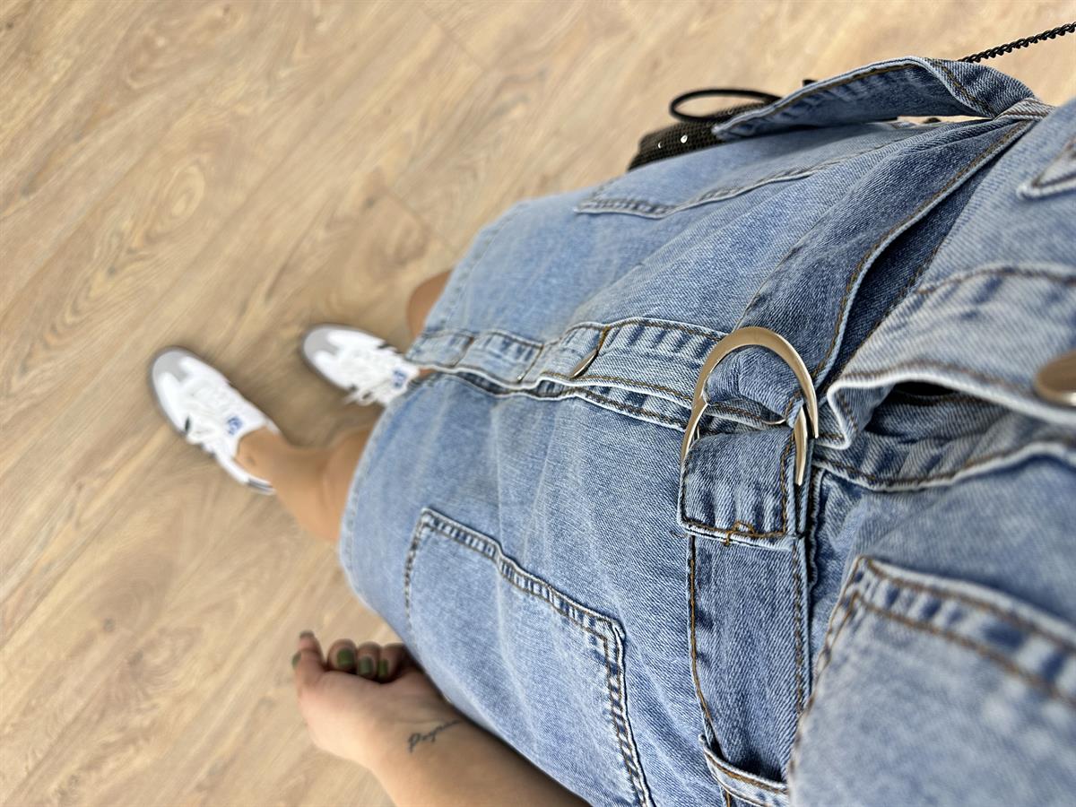 Önü Düğmeli Balon Kol Denim Elbise