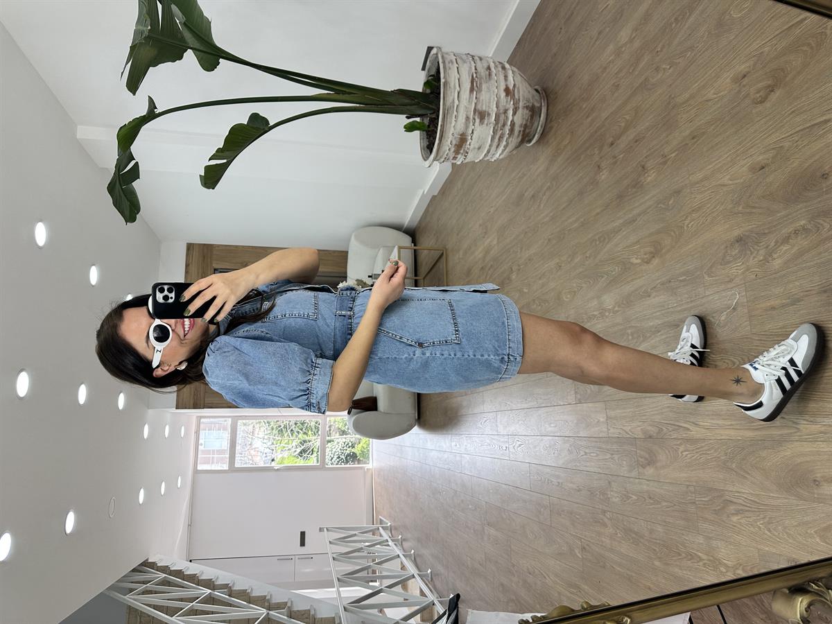 Önü Düğmeli Balon Kol Denim Elbise