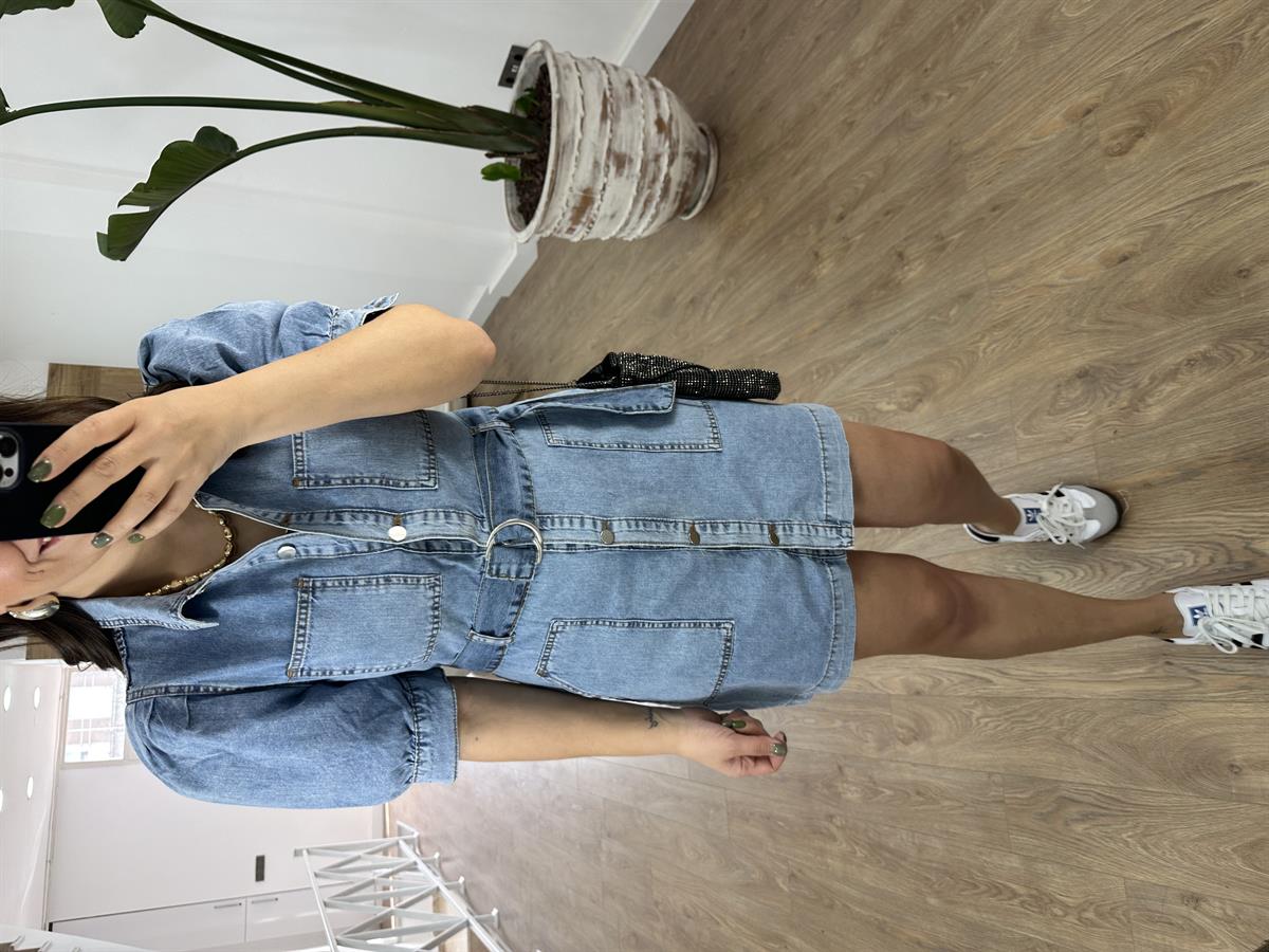 Önü Düğmeli Balon Kol Denim Elbise