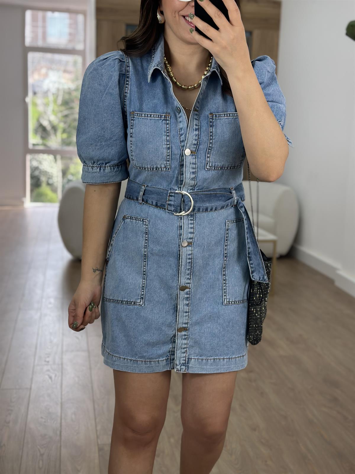 Önü Düğmeli Balon Kol Denim Elbise