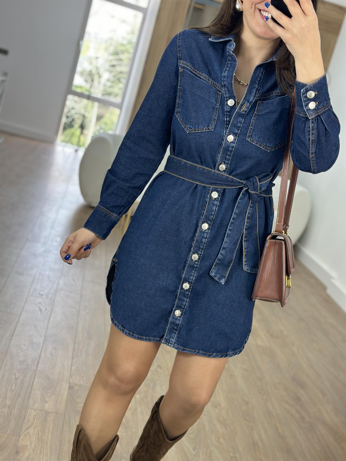 Önü Düğmeli Beli Kuşaklı Denim Elbise