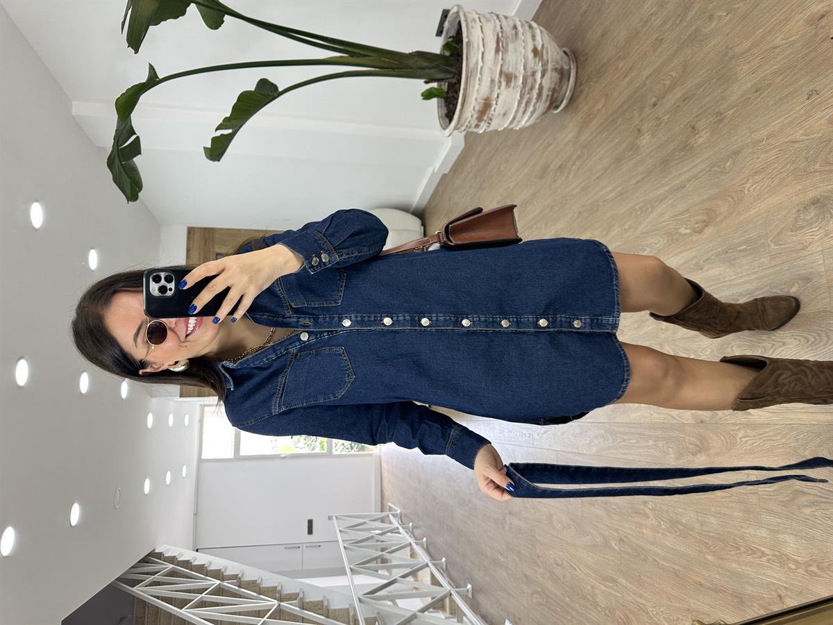 Önü Düğmeli Beli Kuşaklı Denim Elbise