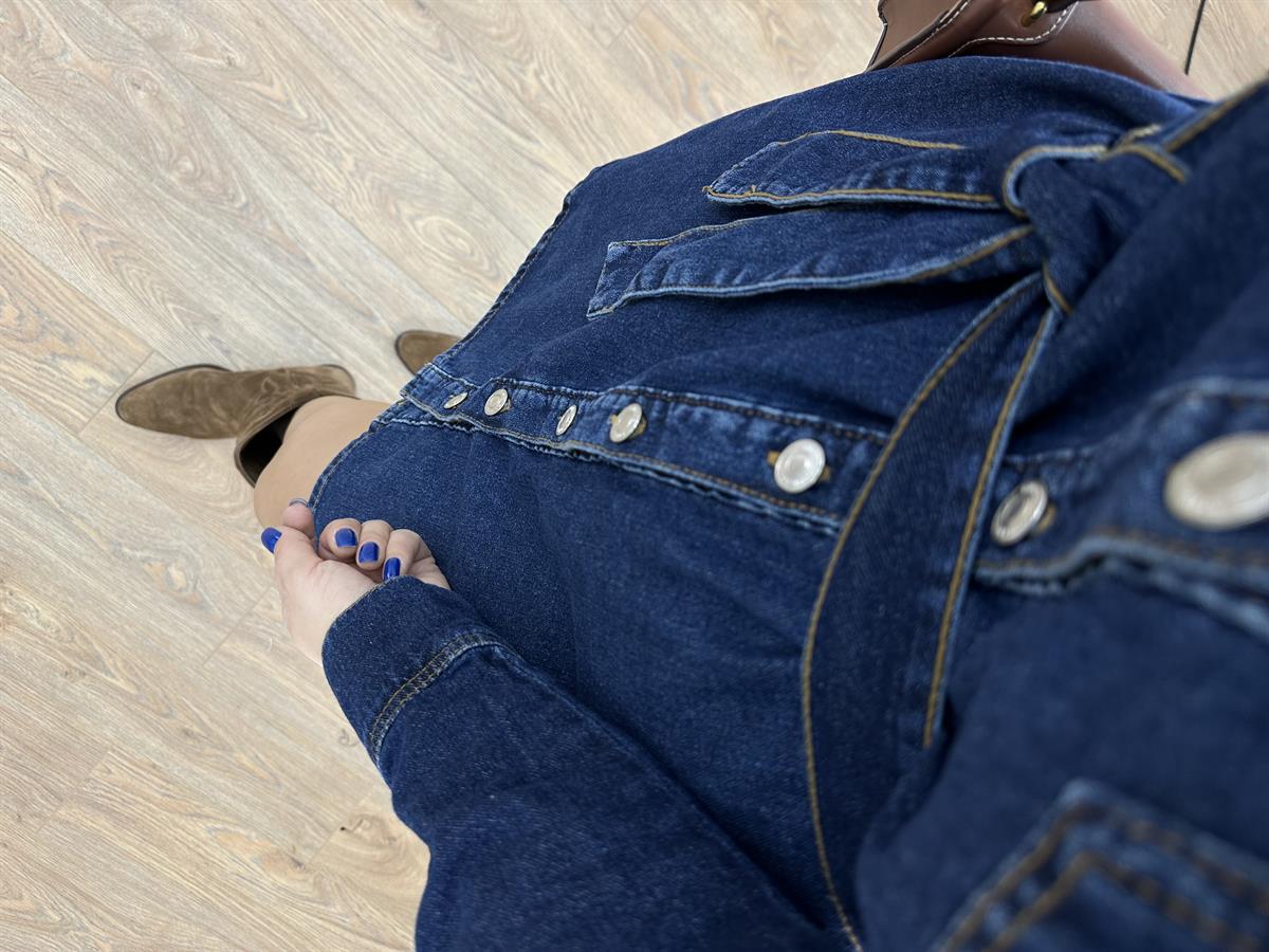 Önü Düğmeli Beli Kuşaklı Denim Elbise