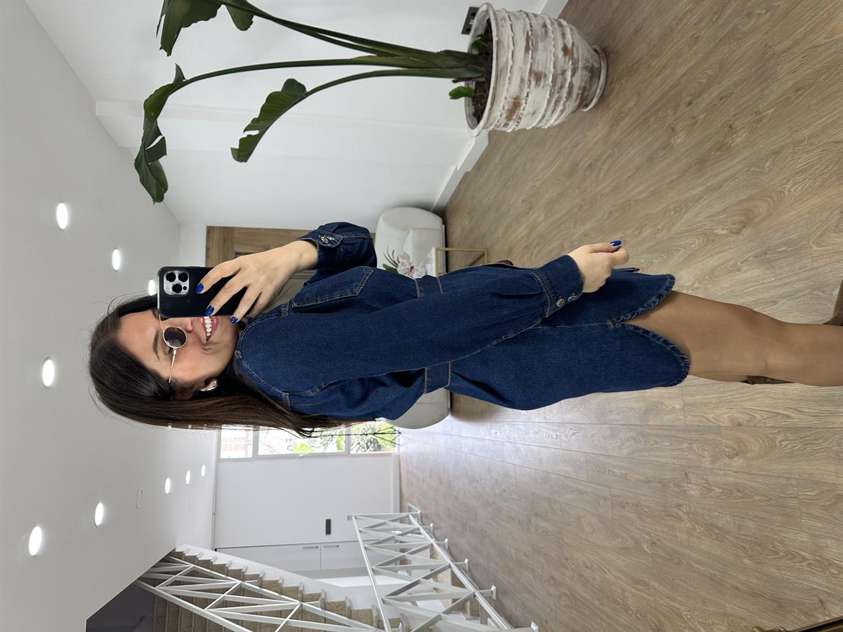 Önü Düğmeli Beli Kuşaklı Denim Elbise